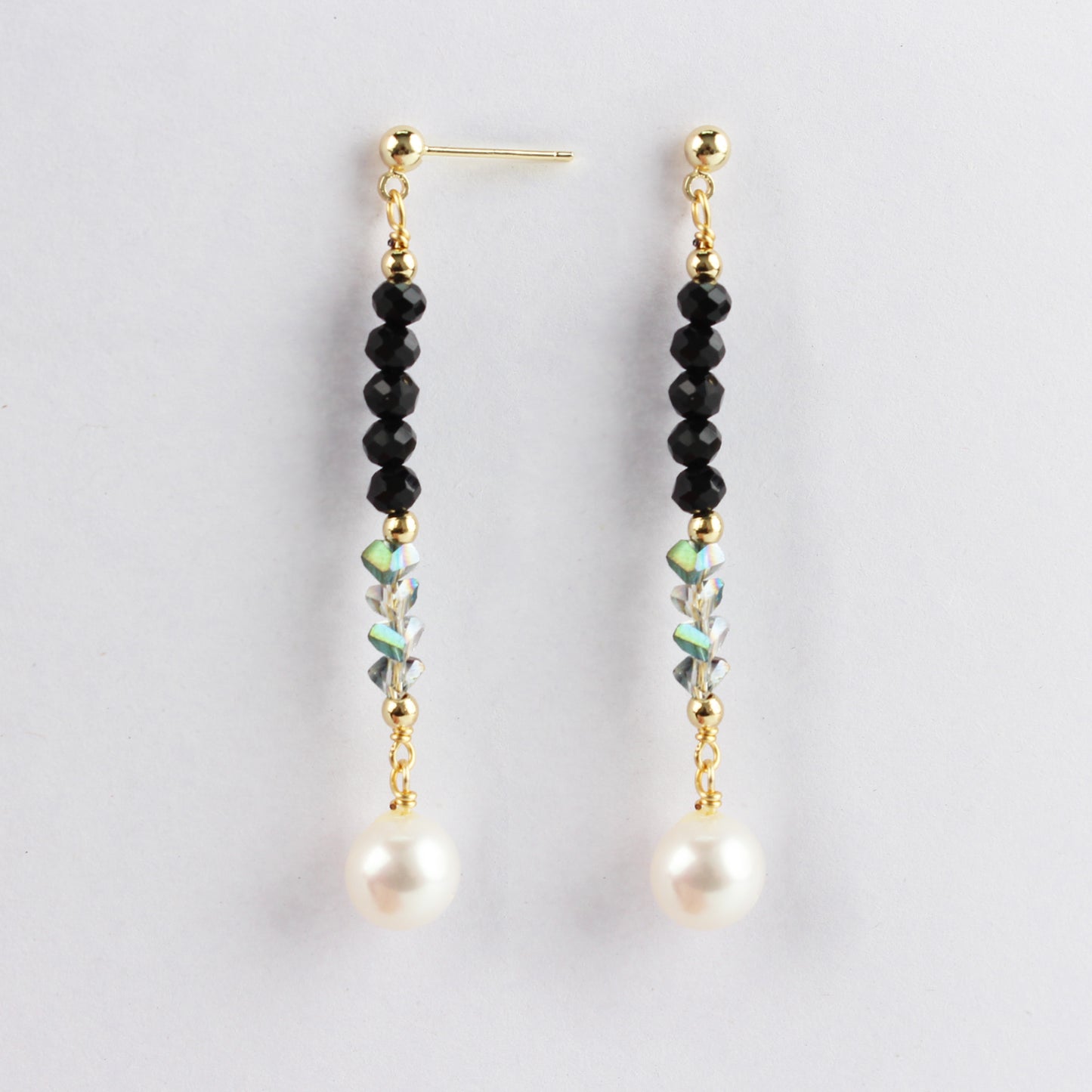 14K Gold-Plated Long Pearl and Black Crystal Earrings with 925 Silver Posts – Elegant Statement Jewelry for Young Women, Perfect for Parties, Balls, Birthdays and Gift Giving