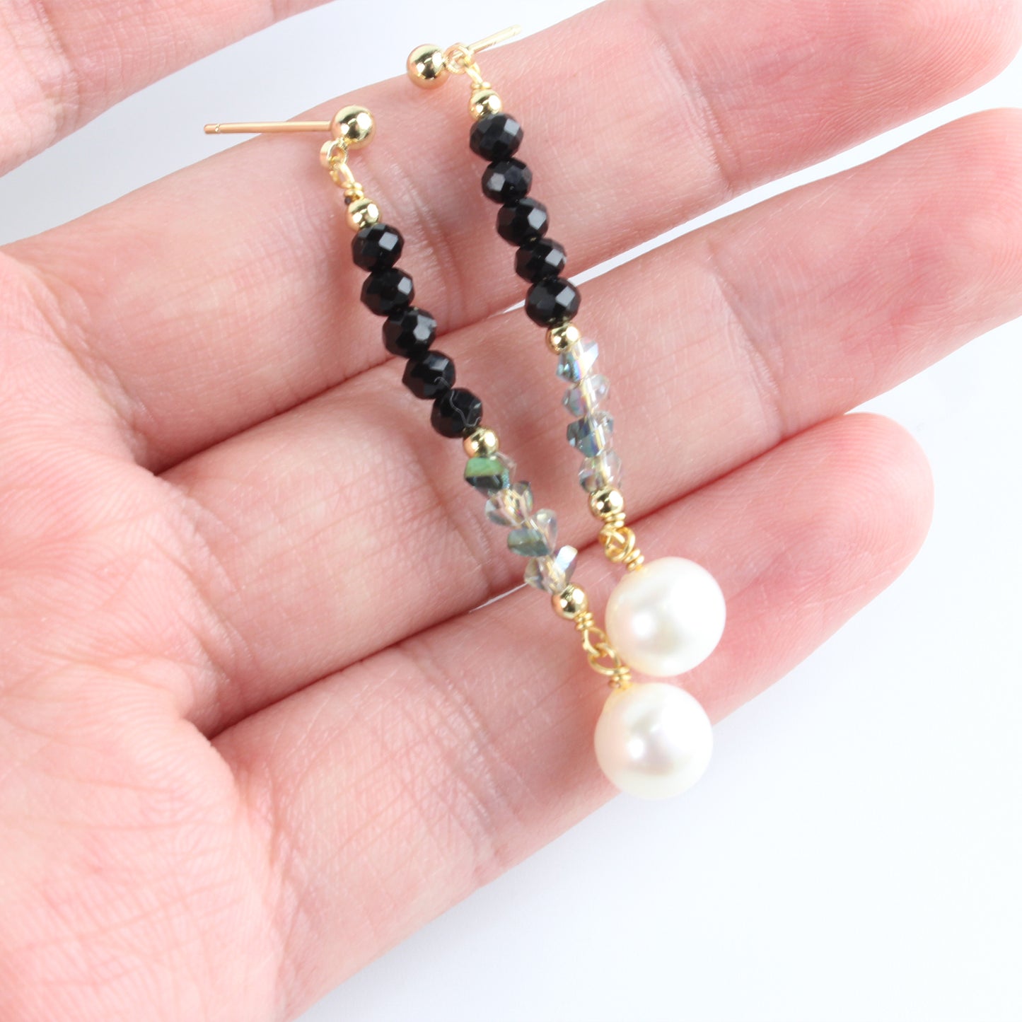 14K Gold-Plated Long Pearl and Black Crystal Earrings with 925 Silver Posts – Elegant Statement Jewelry for Young Women, Perfect for Parties, Balls, Birthdays and Gift Giving
