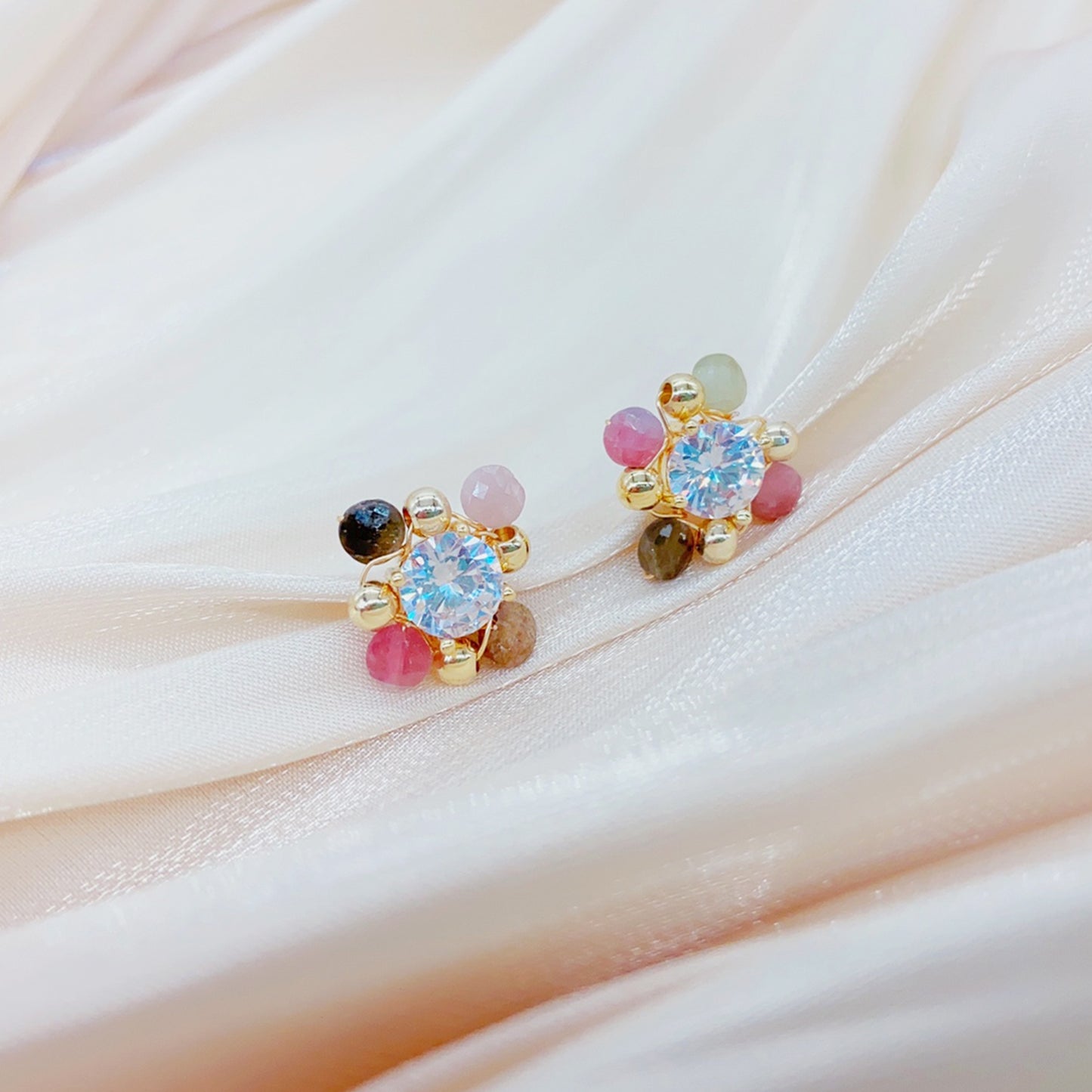 14K Gold-Plated Handmade Wrap Earrings with Crystal, Zirconia and Tourmaline, 925 Silver Posts – Elegant Statement Jewelry for Young Women, Perfect for Parties, Balls, Birthdays and Gift Giving