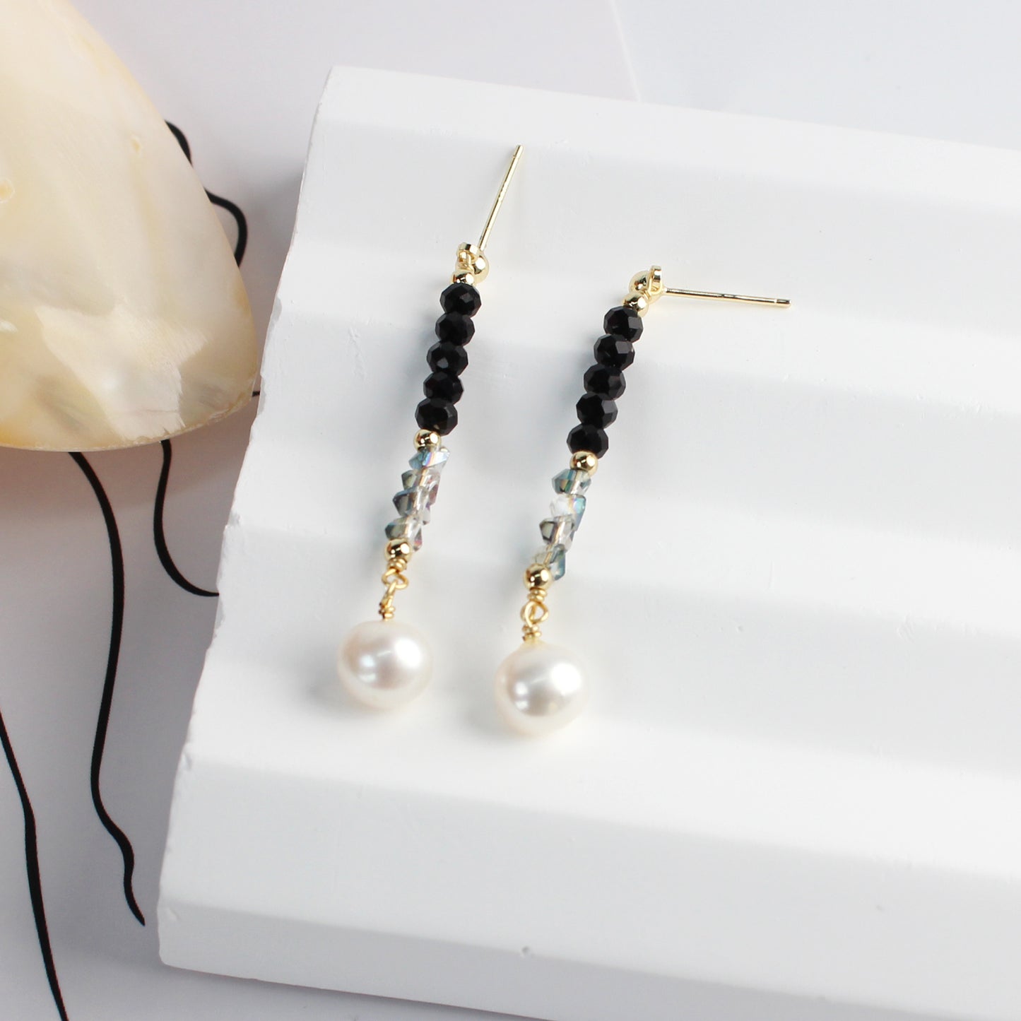 14K Gold-Plated Long Pearl and Black Crystal Earrings with 925 Silver Posts – Elegant Statement Jewelry for Young Women, Perfect for Parties, Balls, Birthdays and Gift Giving
