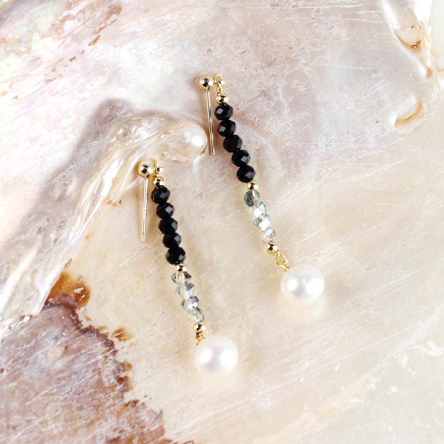 14K Gold-Plated Long Pearl and Black Crystal Earrings with 925 Silver Posts – Elegant Statement Jewelry for Young Women, Perfect for Parties, Balls, Birthdays and Gift Giving