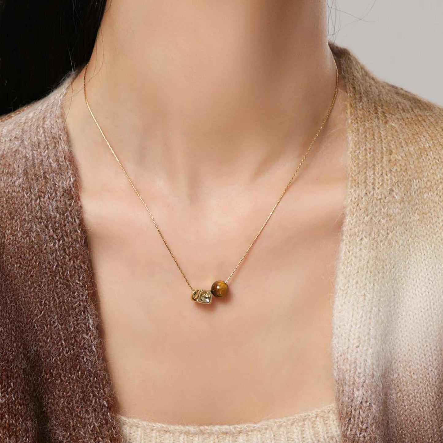 Geometric Tiger's Eye Necklace for Women – Golden Geometric Pendant with Fine Titanium Steel Chain, Ideal for Everyday & Special Occasions