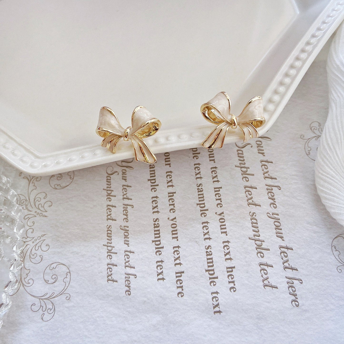 Vintage Bow Earrings in Cream White β 14K Gold Plating & Enamel, Elegant Jewelry for Women, Ideal for Lolita & Princess Look, Party & Everyday