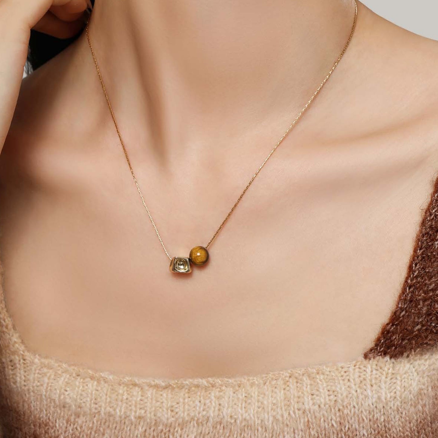 Geometric Tiger's Eye Necklace for Women – Golden Geometric Pendant with Fine Titanium Steel Chain, Ideal for Everyday & Special Occasions