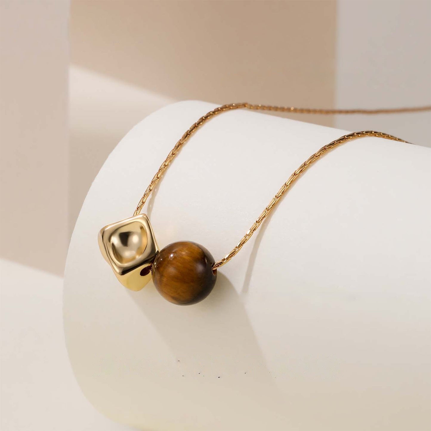 Geometric Tiger's Eye Necklace for Women – Golden Geometric Pendant with Fine Titanium Steel Chain, Ideal for Everyday & Special Occasions