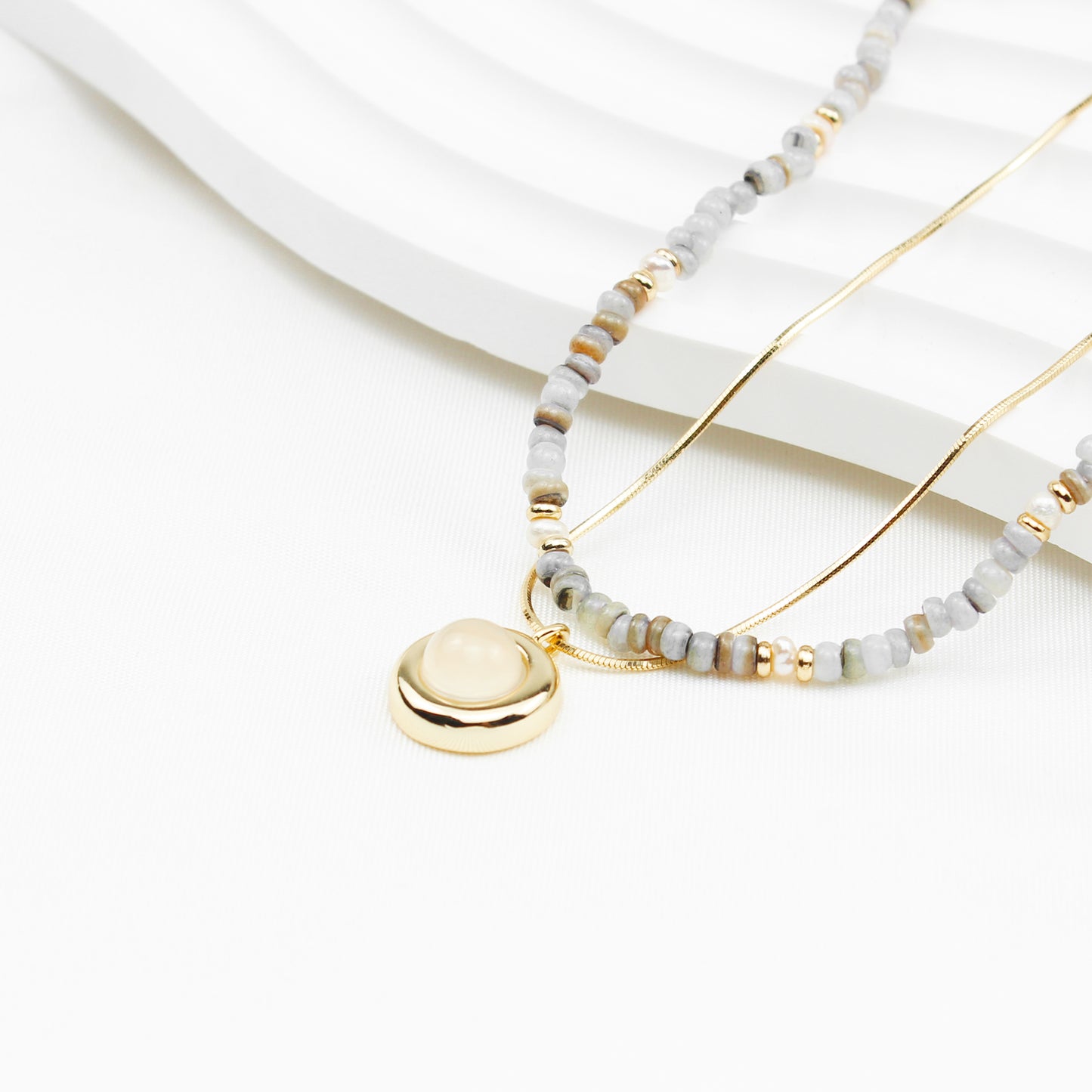 Boho Jewelry Set for Women β Aquamarine Necklace & Chalcedony Pendant, 2-Piece Layering Set with Beads & Herringbone Chain, Ideal for Everyday & Special Occasions