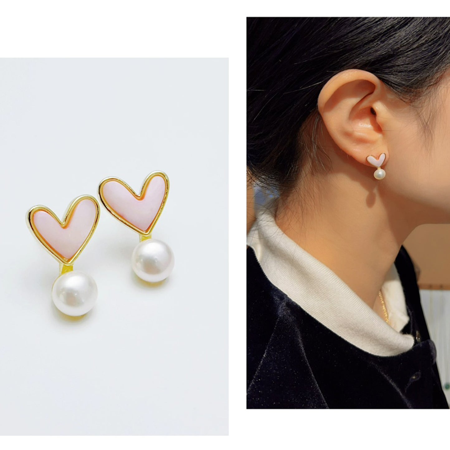 Erste Liebe Perlenohrringe – Rosa Herz mit Süßwasserperle, handgemalt, 14K vergoldete Kupferlegierung, süßes & romantisches Design für Alltag und besondere Momente