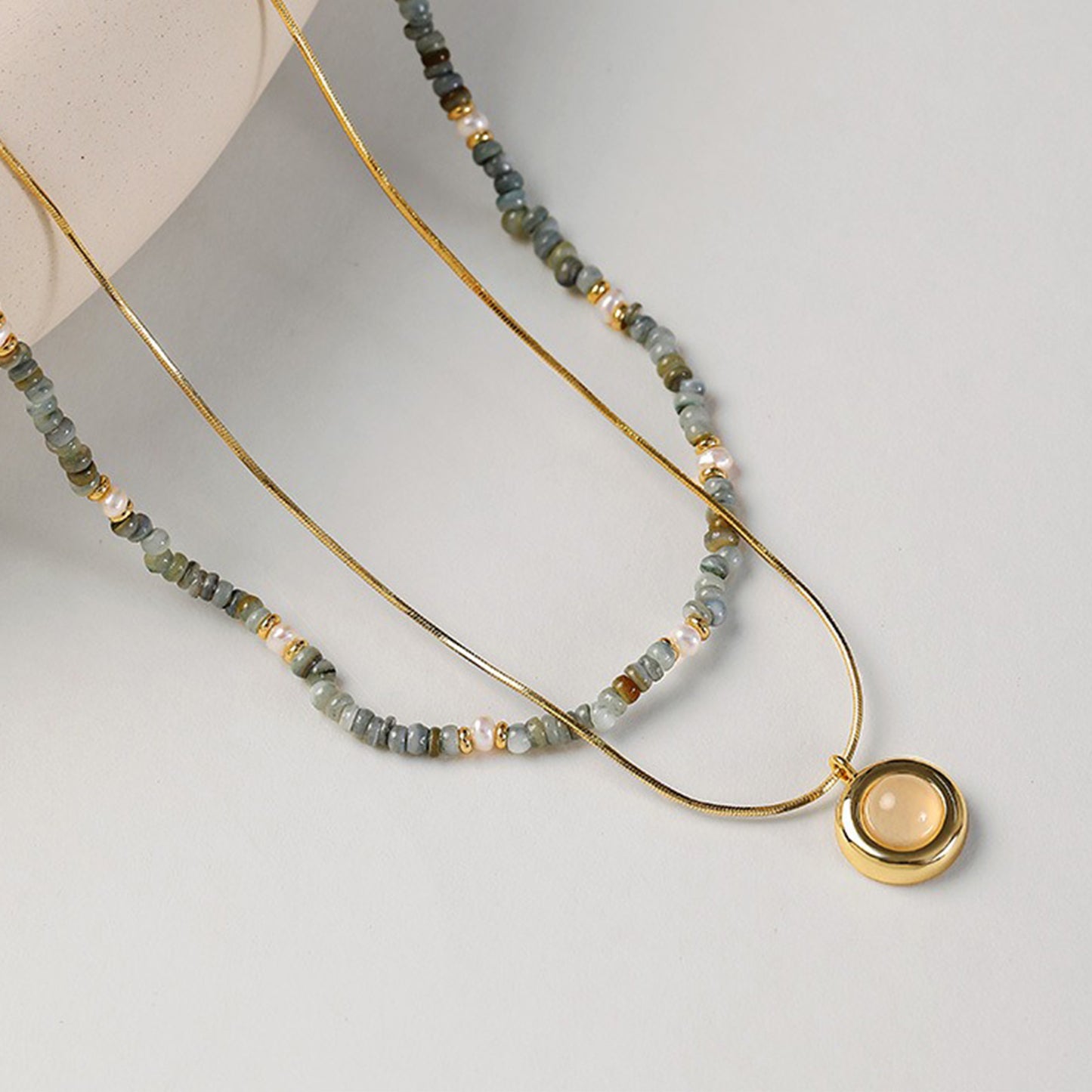 Boho Jewelry Set for Women β Aquamarine Necklace & Chalcedony Pendant, 2-Piece Layering Set with Beads & Herringbone Chain, Ideal for Everyday & Special Occasions