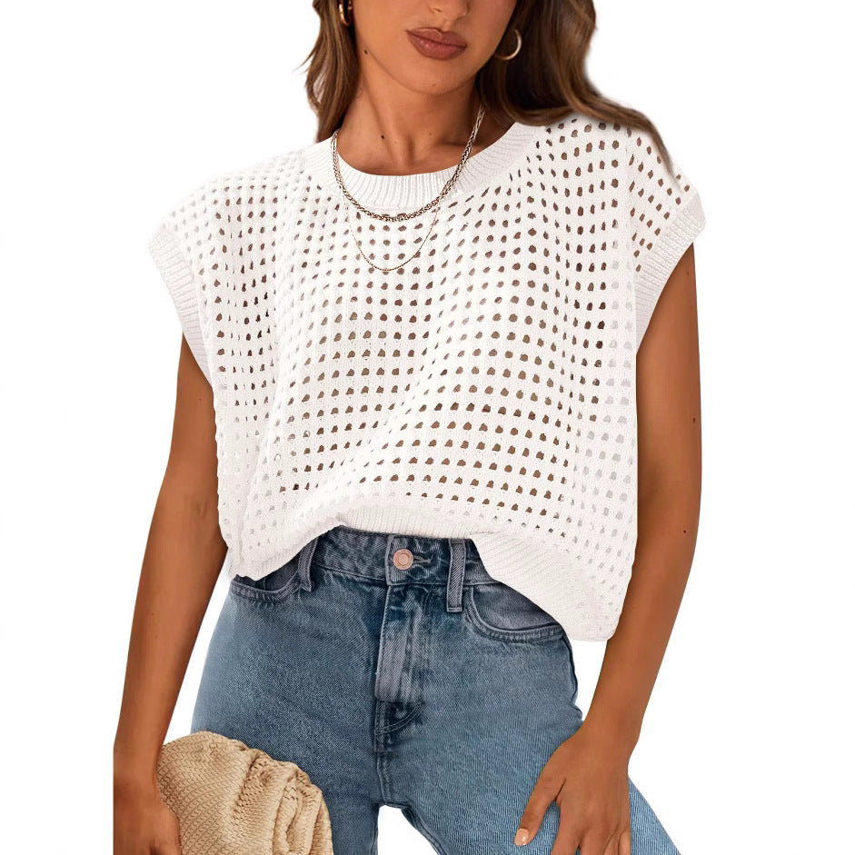 NZ-C00321002 2025 spring and summer new casual crew neck knitted top breathable beach blouse vacation beach