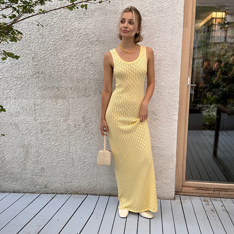 NZ-C00321004 Summer 2025 New Knitted Hollow Solid Color Dress Sexy Slim Suspender Long Dress