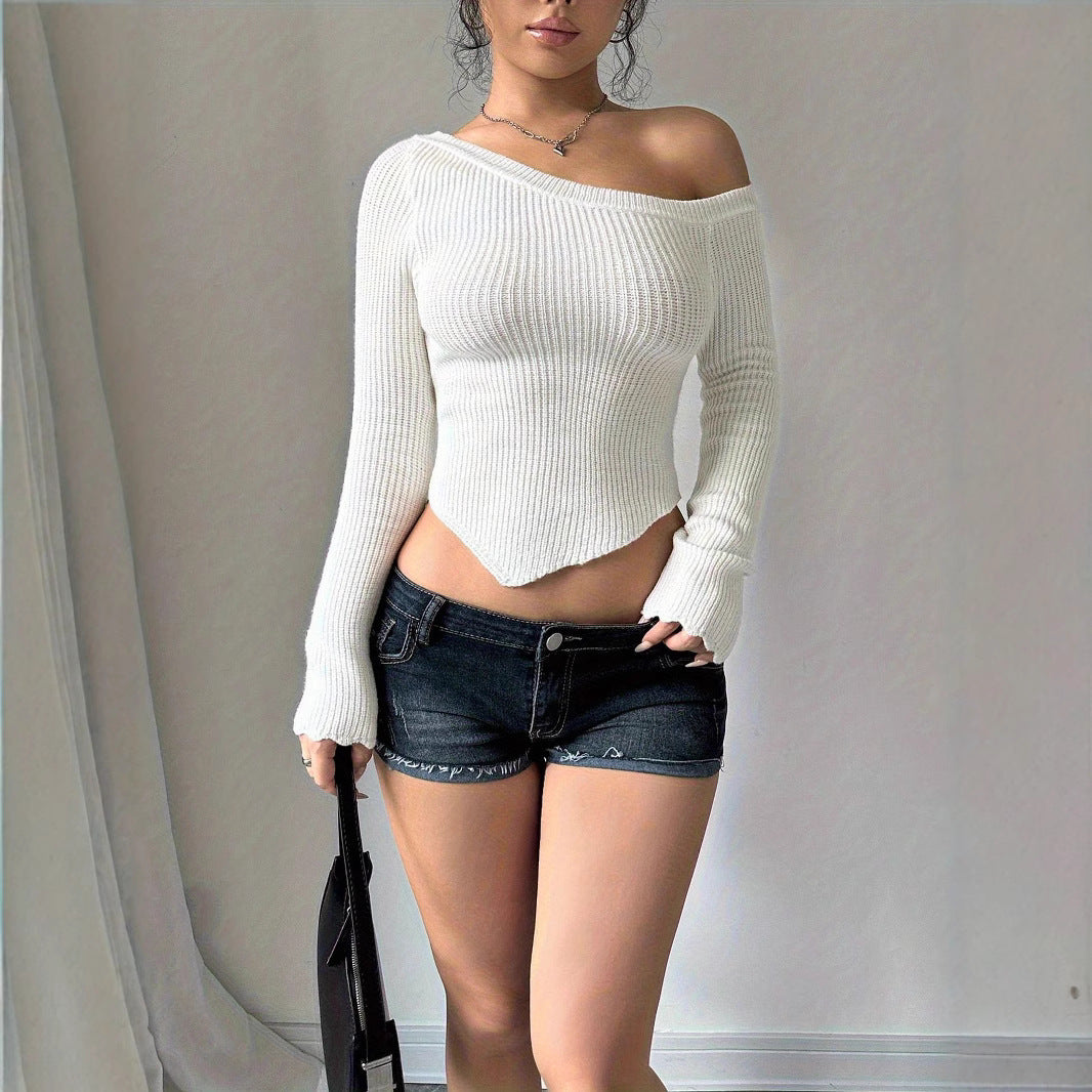 NZ-C00321008 2025 Solid color diagonal neck off-the-shoulder knitted sweater European and American threaded slim-fit design sweater European