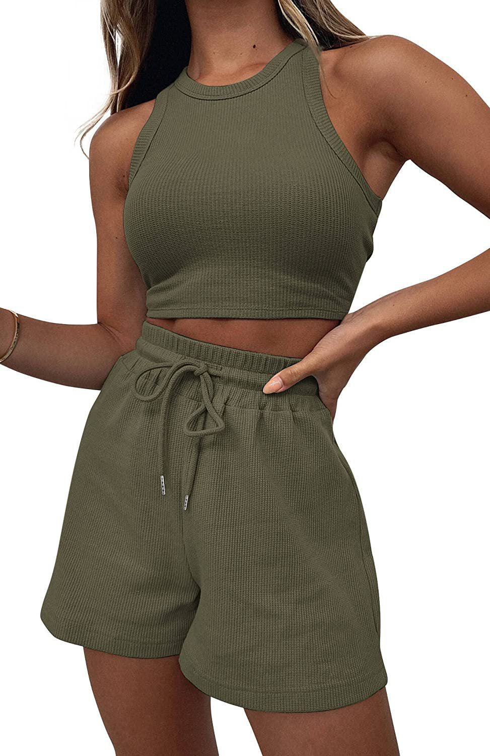 NZ-CO0304004 2025 summer new sleeveless waffle suit, solid color vest fashion casual short 2-piece set women