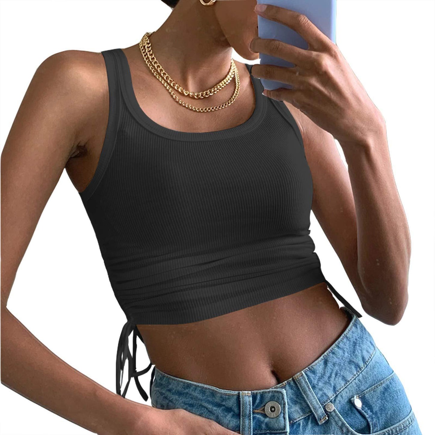 NZ-CO03017005 2025 Summer New Women's Fashion Solid Color Short Crew Neck Sleeveless Top T-Shirt