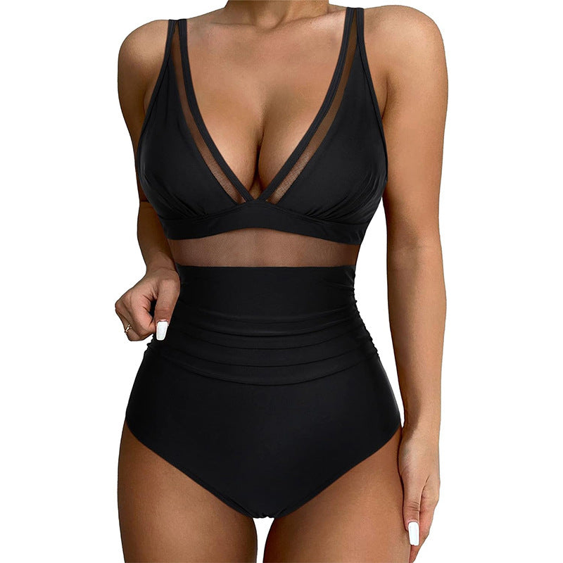 SW-BKI0303002 2025 new bikini solid color mesh halter sexy bikini one-piece swimsuit swimsuit