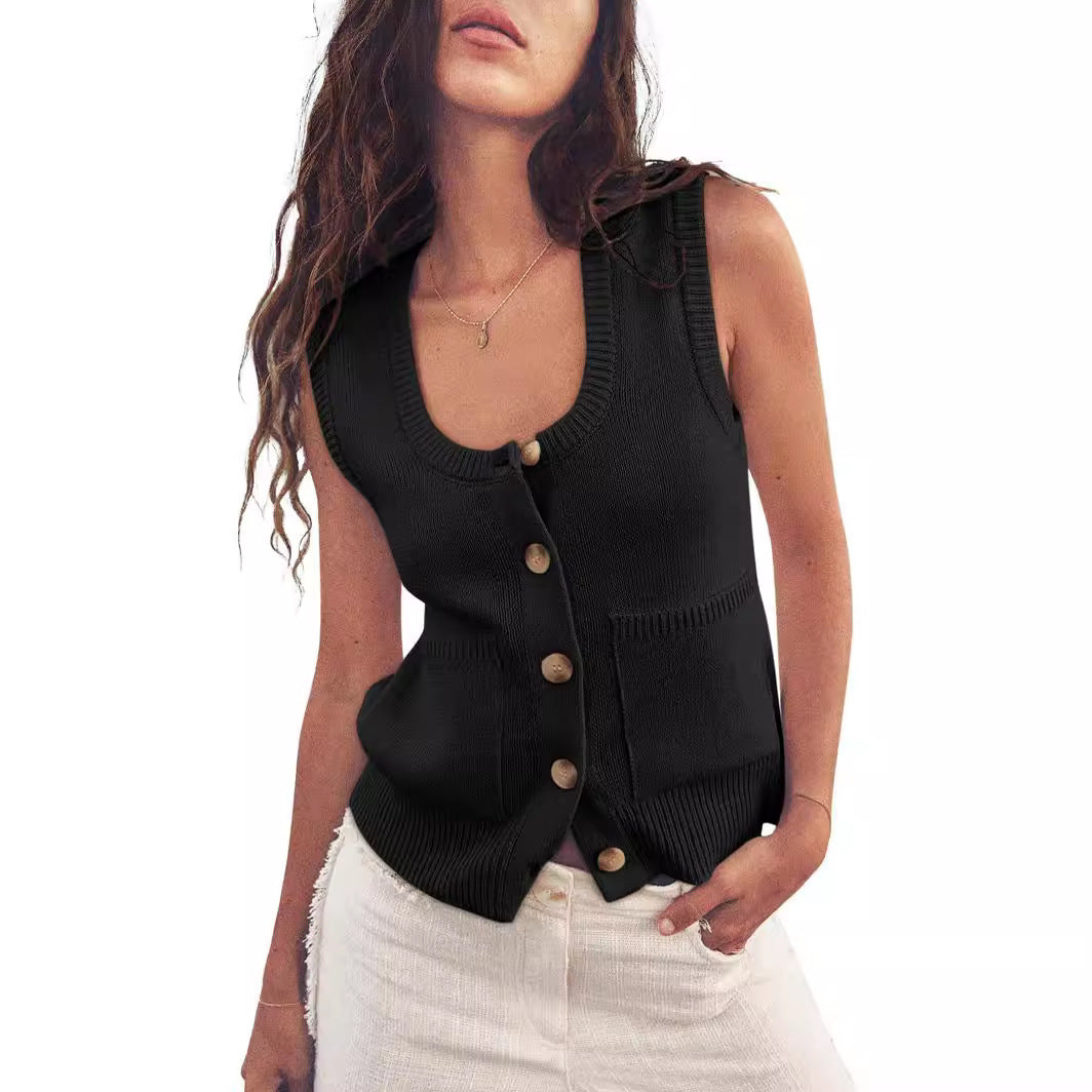 NZ-C00321006 2024 Summer Ribbed Sleeveless Button Down Shirt Crew Neck Vest Top