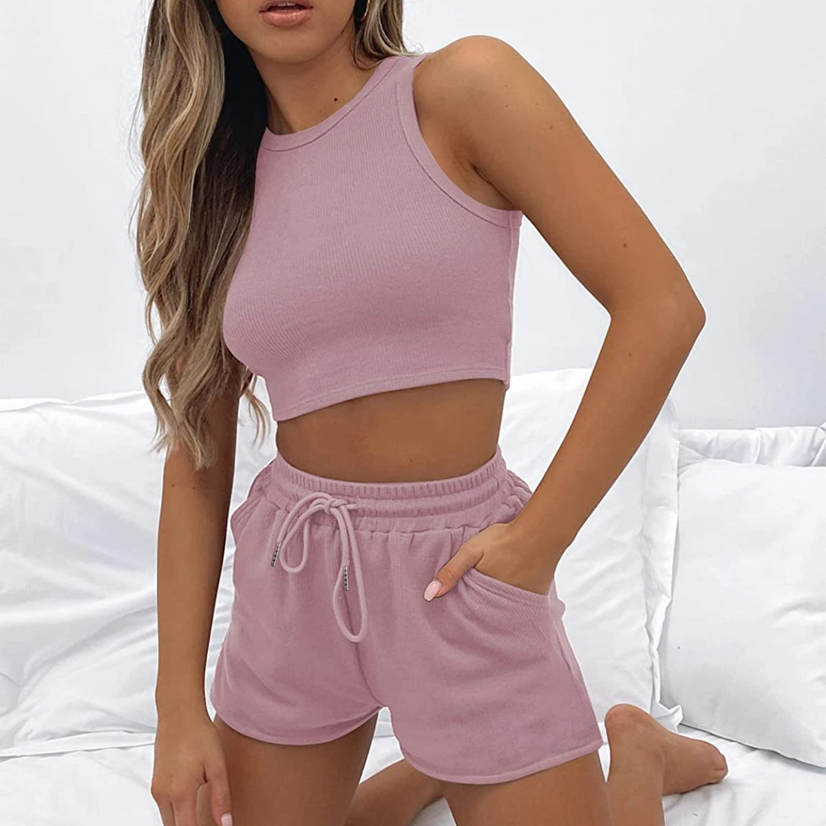 NZ-CO0304004 2025 summer new sleeveless waffle suit, solid color vest fashion casual short 2-piece set women