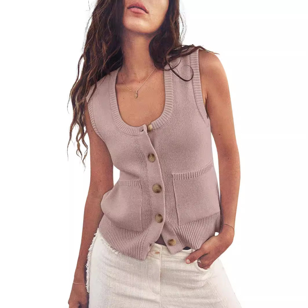NZ-C00321006 2024 Summer Ribbed Sleeveless Button Down Shirt Crew Neck Vest Top