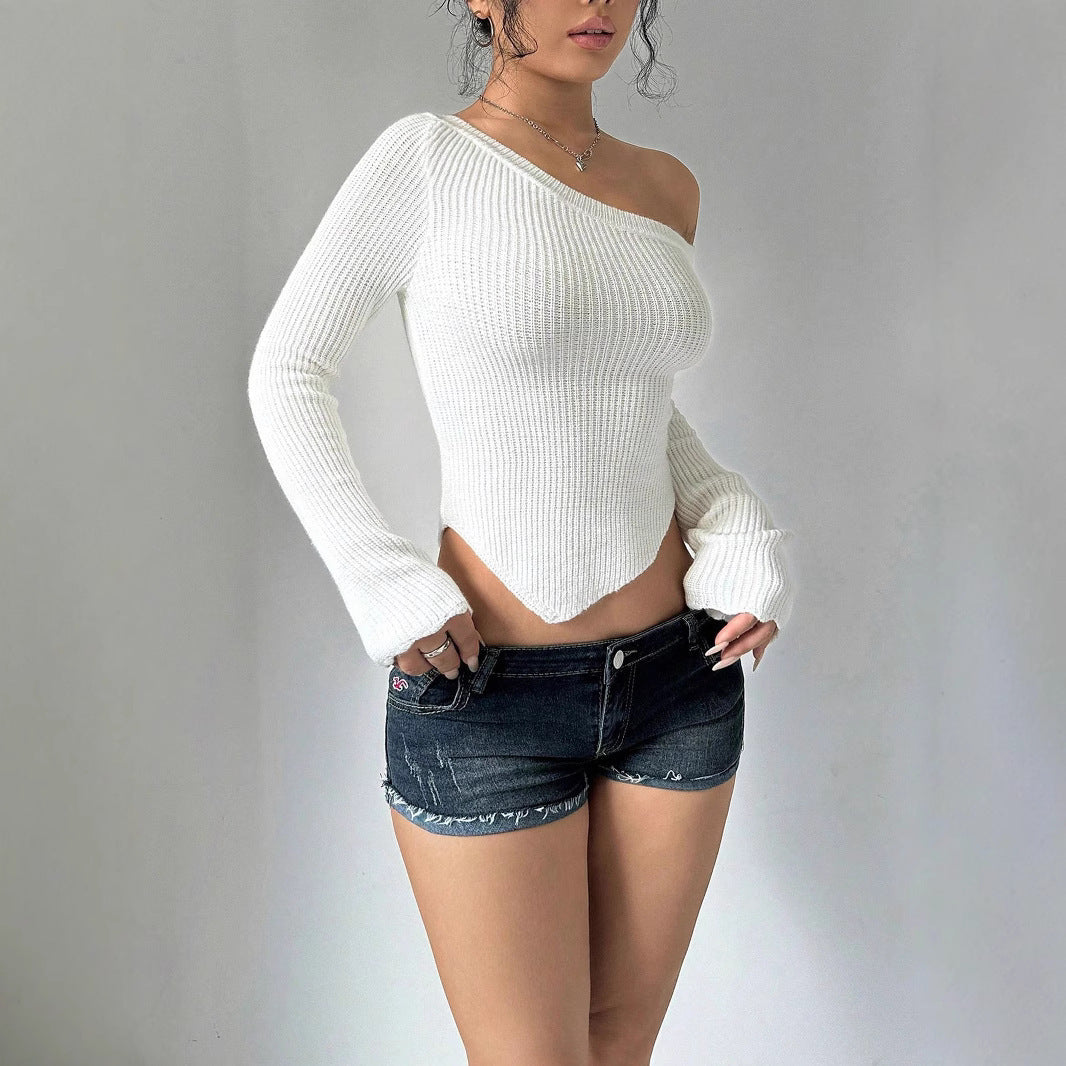 NZ-C00321008 2025 Solid color diagonal neck off-the-shoulder knitted sweater European and American threaded slim-fit design sweater European