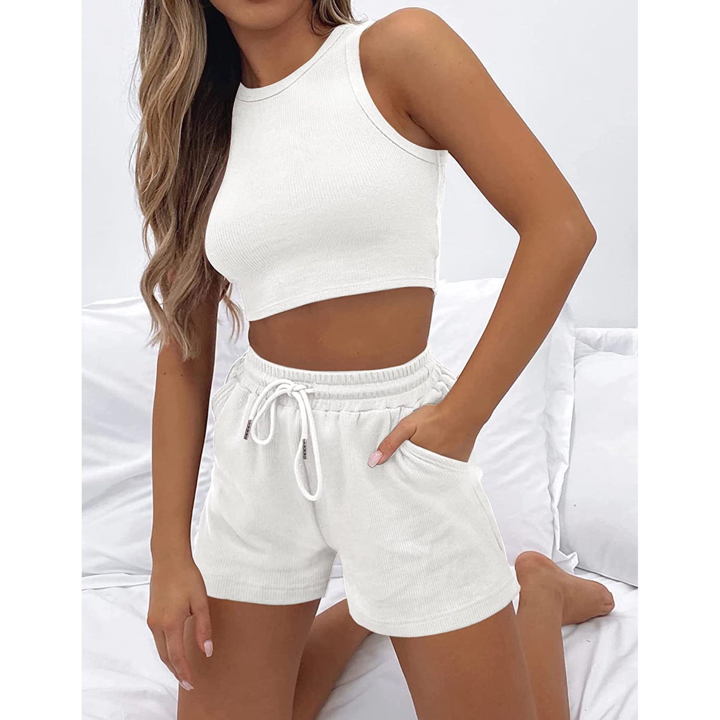 NZ-CO0304004 2025 summer new sleeveless waffle suit, solid color vest fashion casual short 2-piece set women