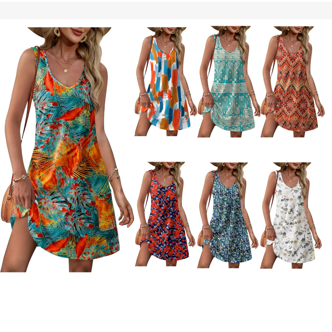 LYQ019 2025 European and American cross-border Amazon independent station summer beach loose V-neck sleeveless pocket dress vest skirt