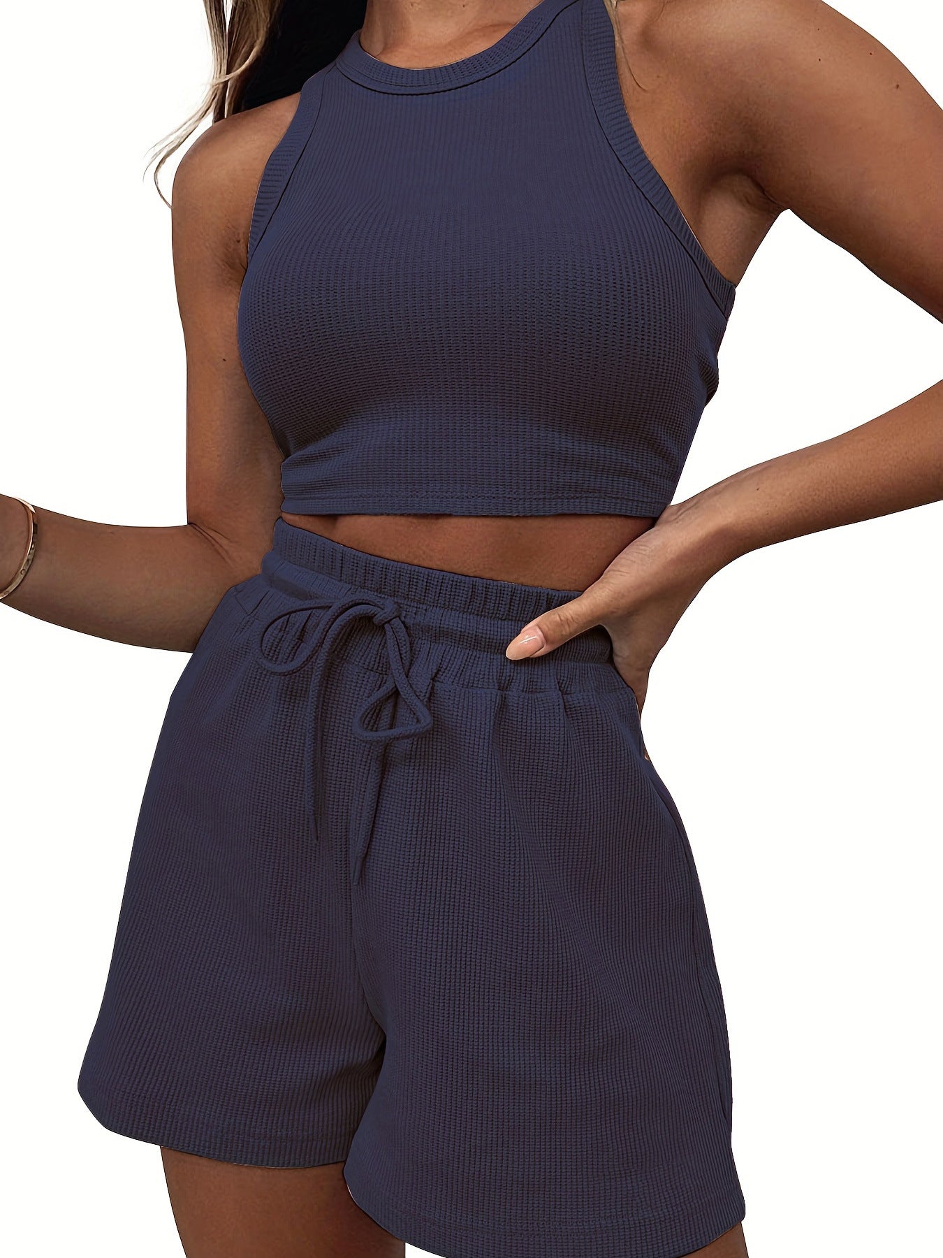 NZ-CO0304004 2025 summer new sleeveless waffle suit, solid color vest fashion casual short 2-piece set women