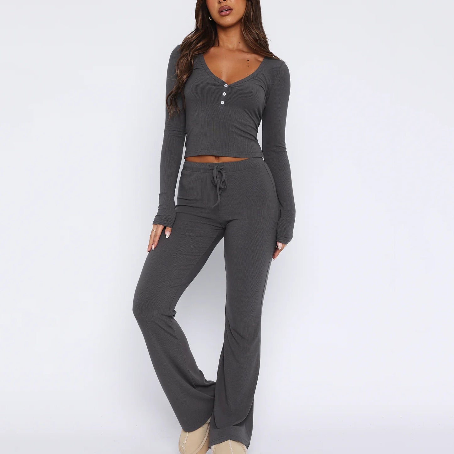 NZ-CO0304018 2025 Spring and Autumn New Set Long Sleeve Button Solid Color Tights Plus Pants Two-piece Set Women