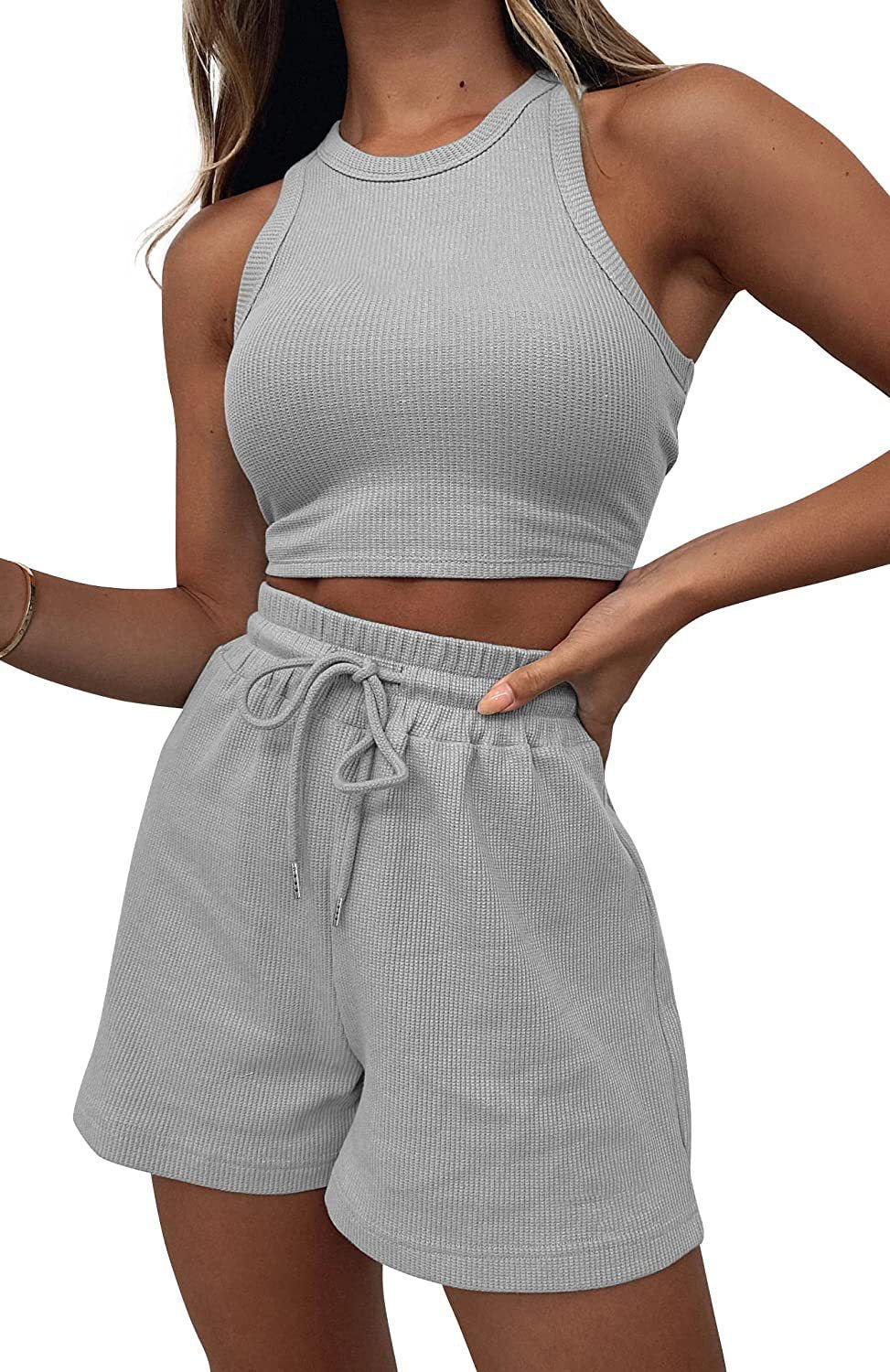 NZ-CO0304004 2025 summer new sleeveless waffle suit, solid color vest fashion casual short 2-piece set women