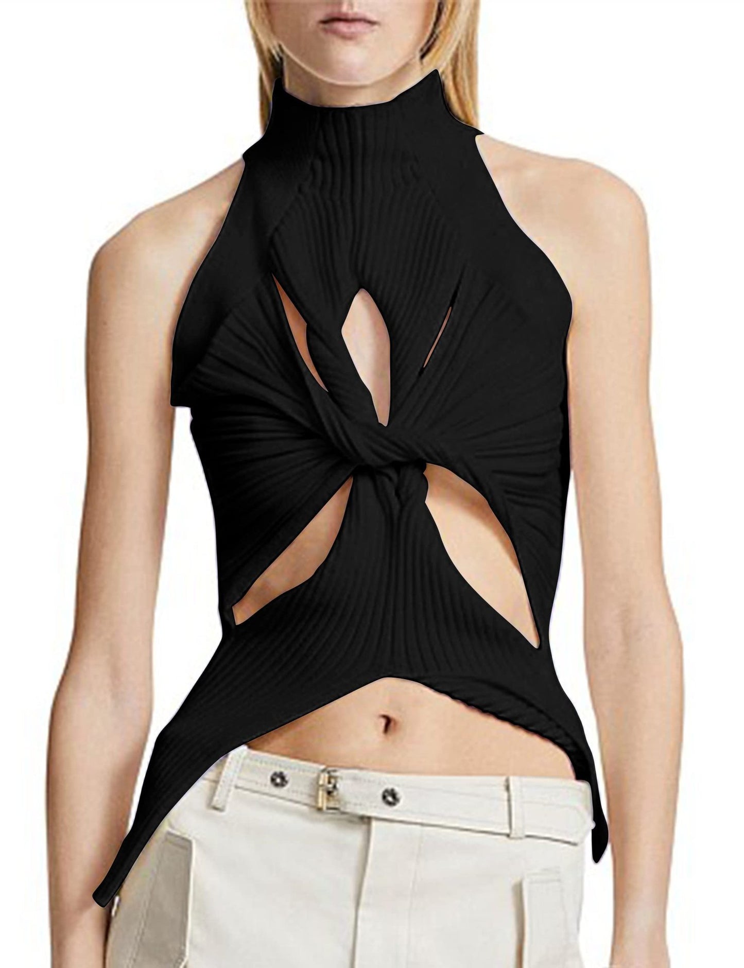 NZ-C00319006 2023 Sexy Irregular Sleeveless Hollow Kink Wool Vest Women's Fashion Semi-turtleneck Solid Color Exposed Navel