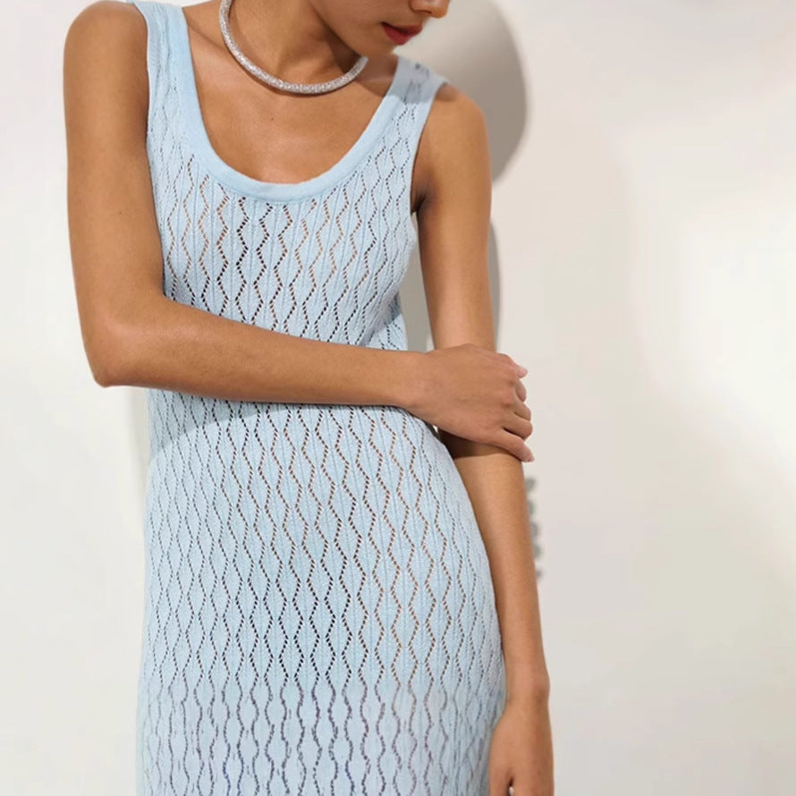NZ-C00321004 Summer 2025 New Knitted Hollow Solid Color Dress Sexy Slim Suspender Long Dress