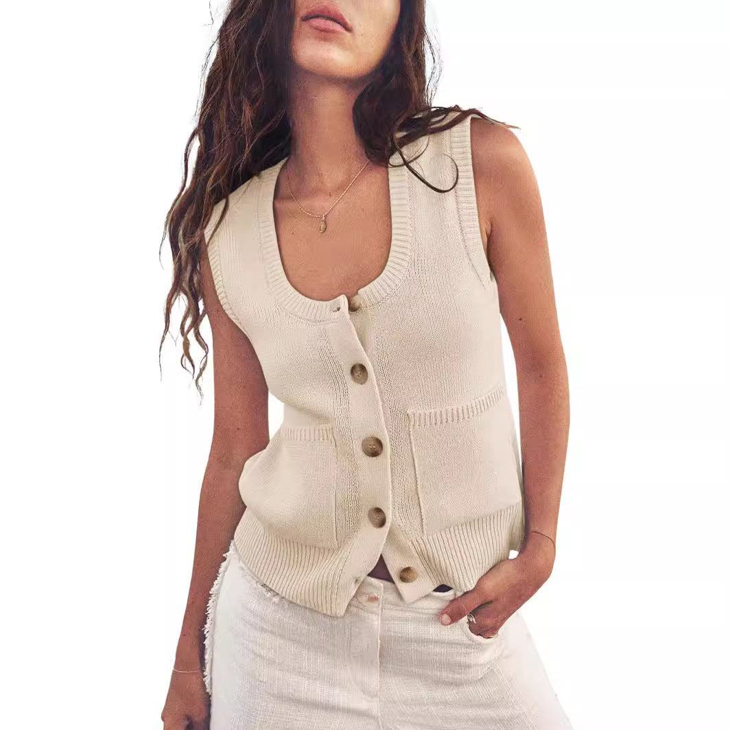 NZ-C00321006 2024 Summer Ribbed Sleeveless Button Down Shirt Crew Neck Vest Top