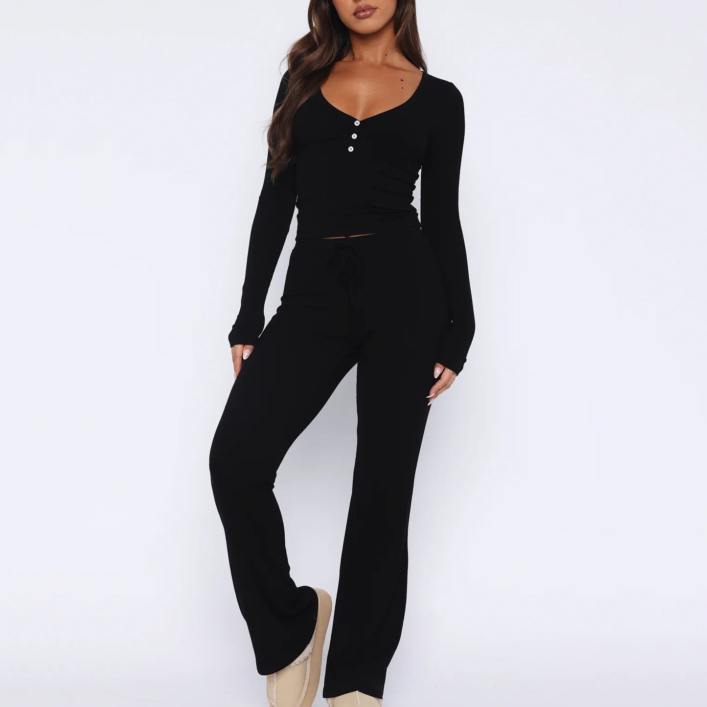 NZ-CO0304018 2025 Spring and Autumn New Set Long Sleeve Button Solid Color Tights Plus Pants Two-piece Set Women