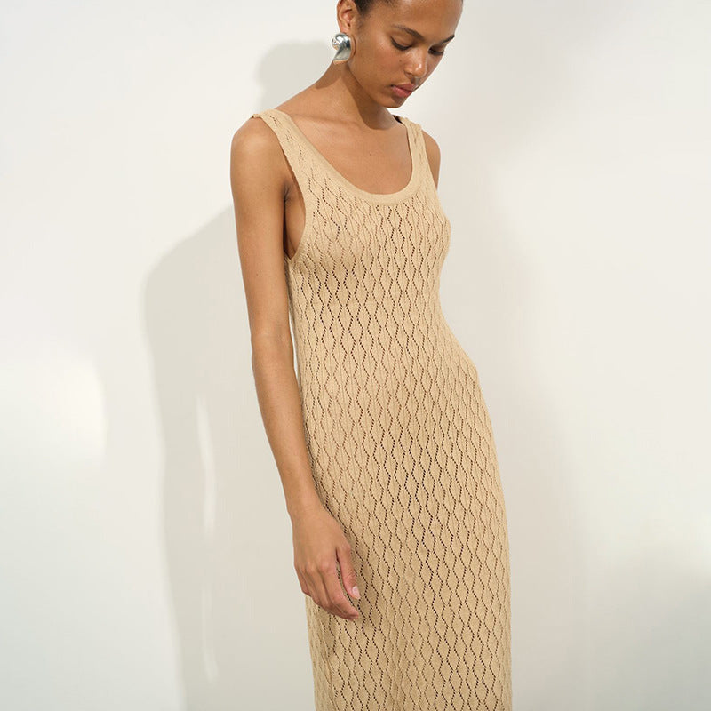 NZ-C00321004 Summer 2025 New Knitted Hollow Solid Color Dress Sexy Slim Suspender Long Dress