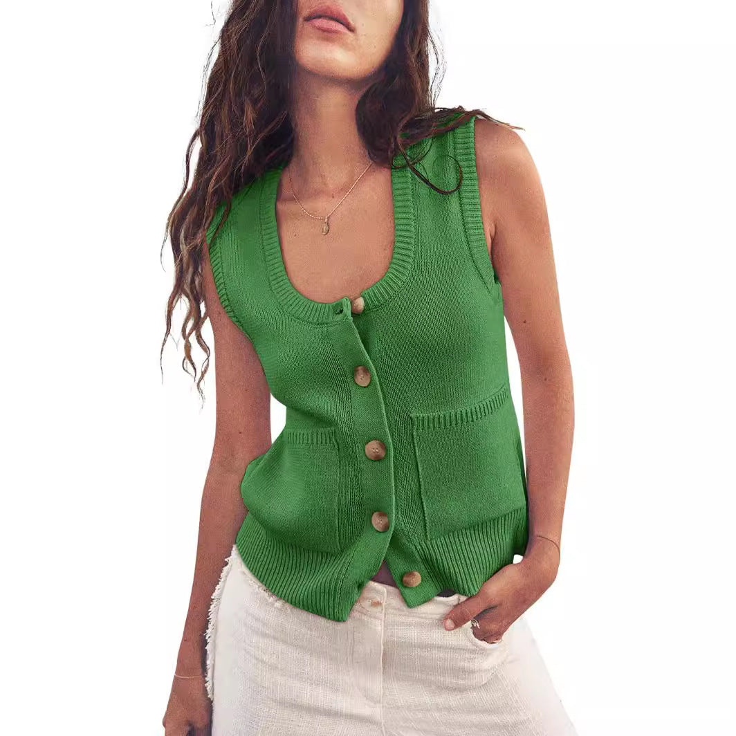 NZ-C00321006 2024 Summer Ribbed Sleeveless Button Down Shirt Crew Neck Vest Top