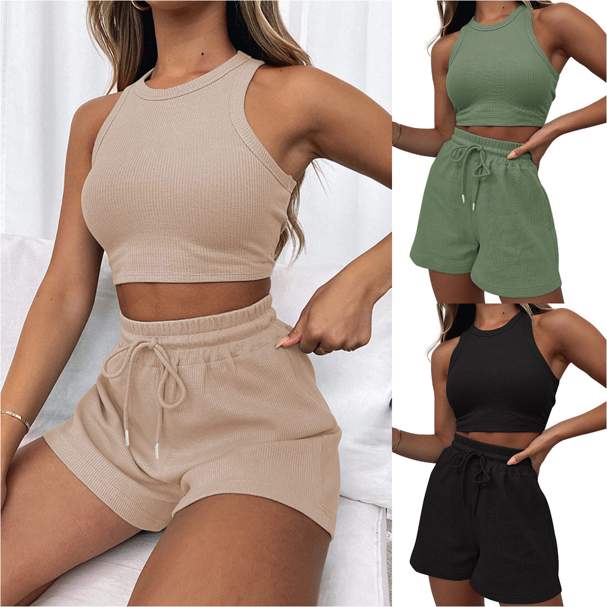 NZ-CO0304004 2025 summer new sleeveless waffle suit, solid color vest fashion casual short 2-piece set women