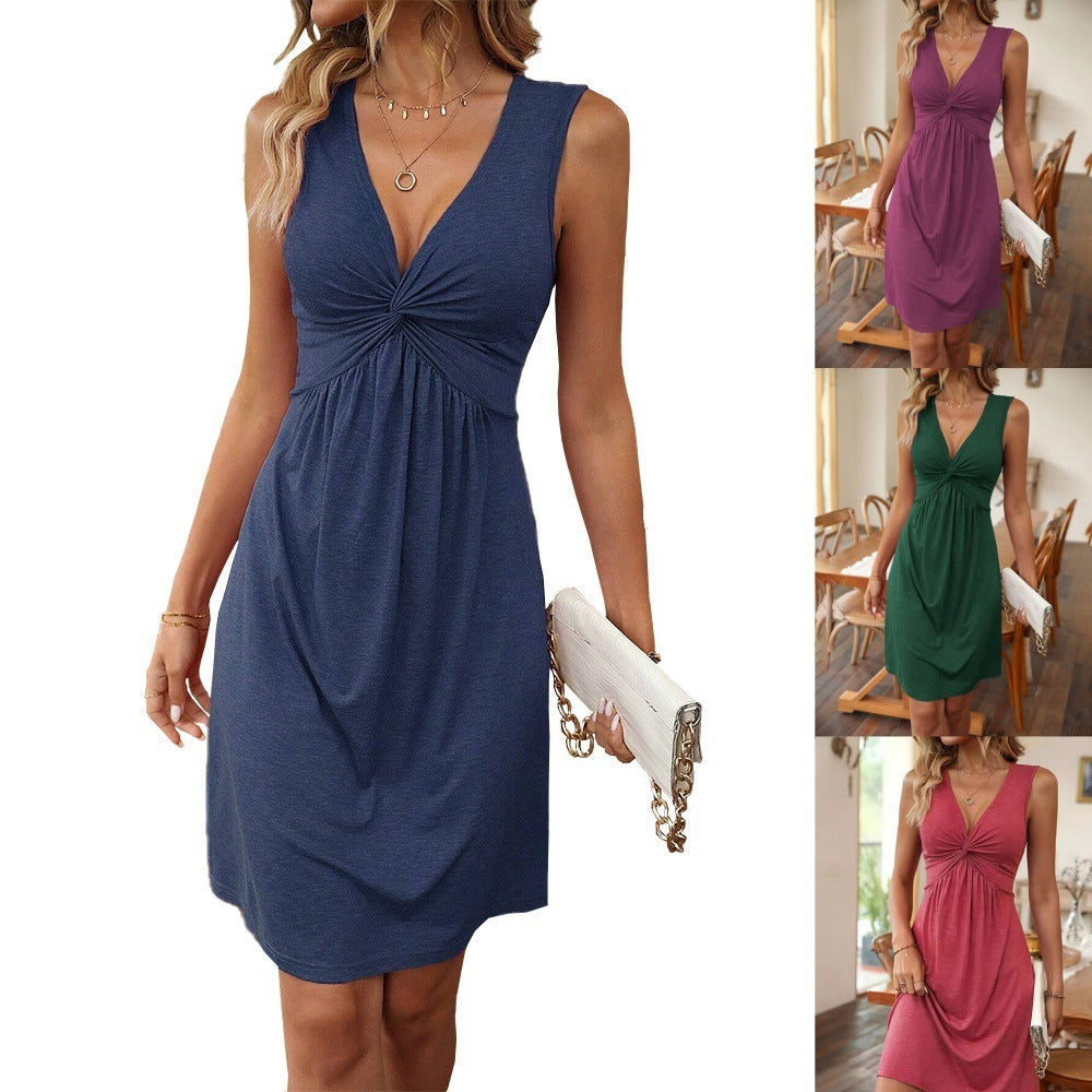 LYQ002 2025 Sleeveless V-neck Dress with Twist Knot and Ruched Waist Design