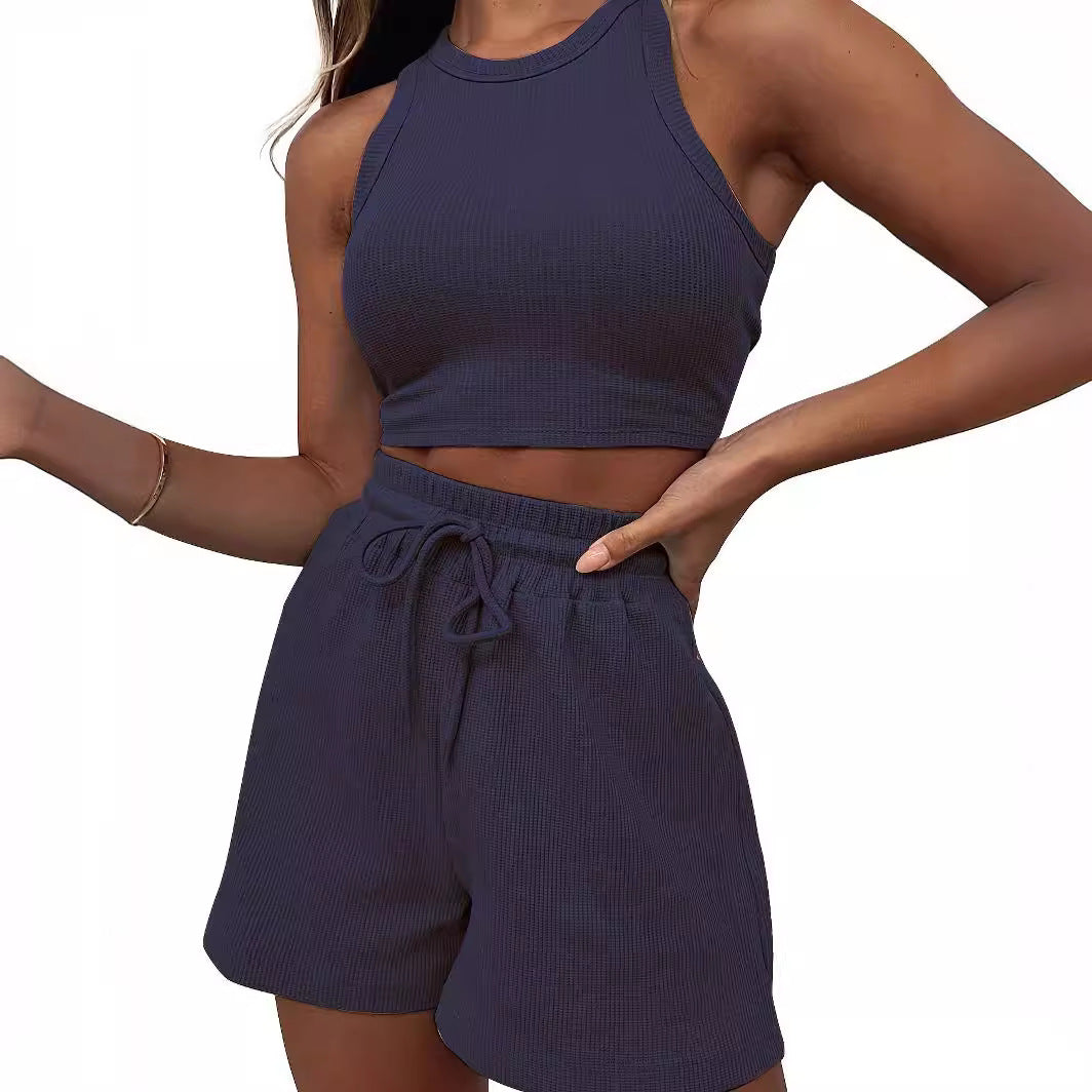 NZ-CO0304004 2025 summer new sleeveless waffle suit, solid color vest fashion casual short 2-piece set women