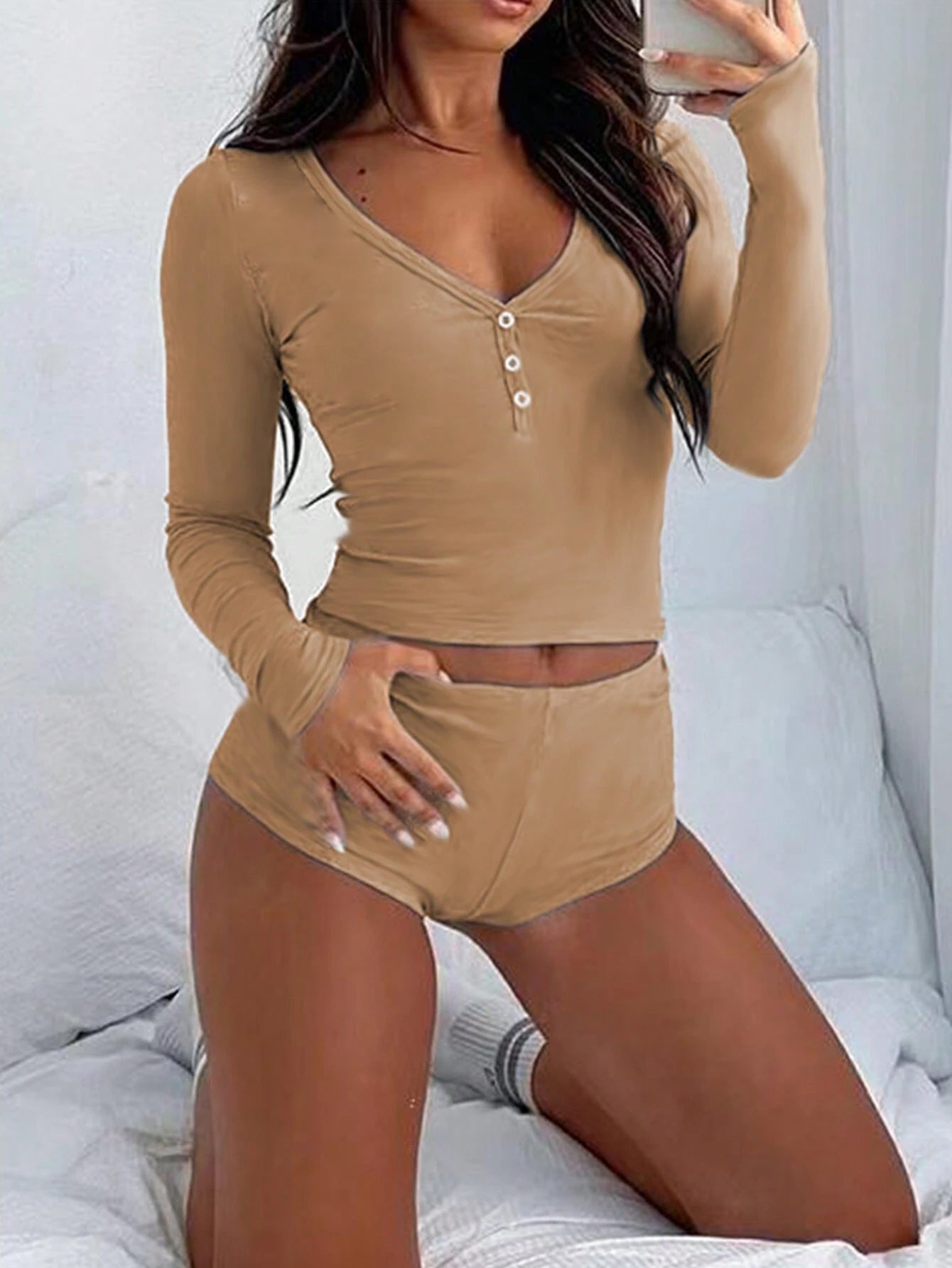 TZ-CO03017002 Women's clothing sexy low-cut V-neck tight long-sleeved top fashion sports style super shorts two-piece set