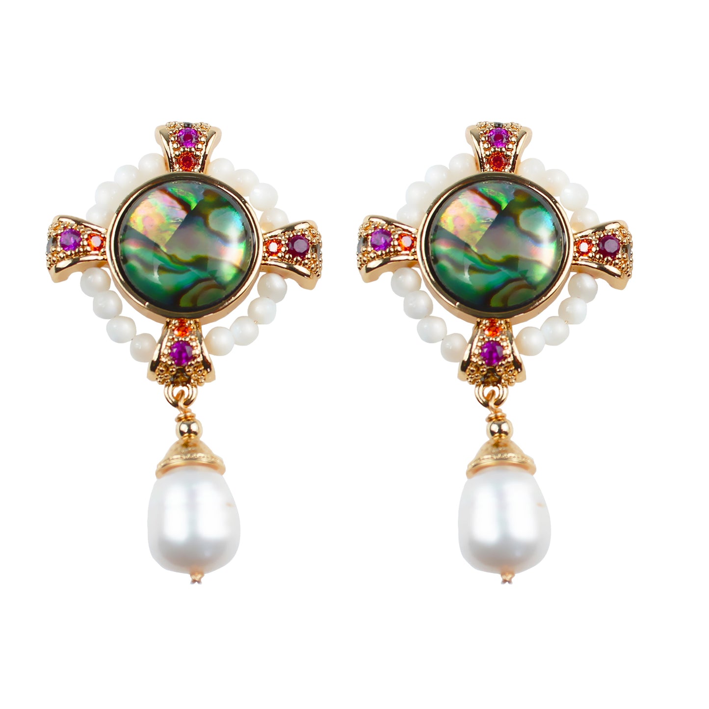 Vintage Abalone Perlenohrringe mit bunten Edelsteinen – 14K vergoldet, Extravagantes Design für Tanz & Feste
