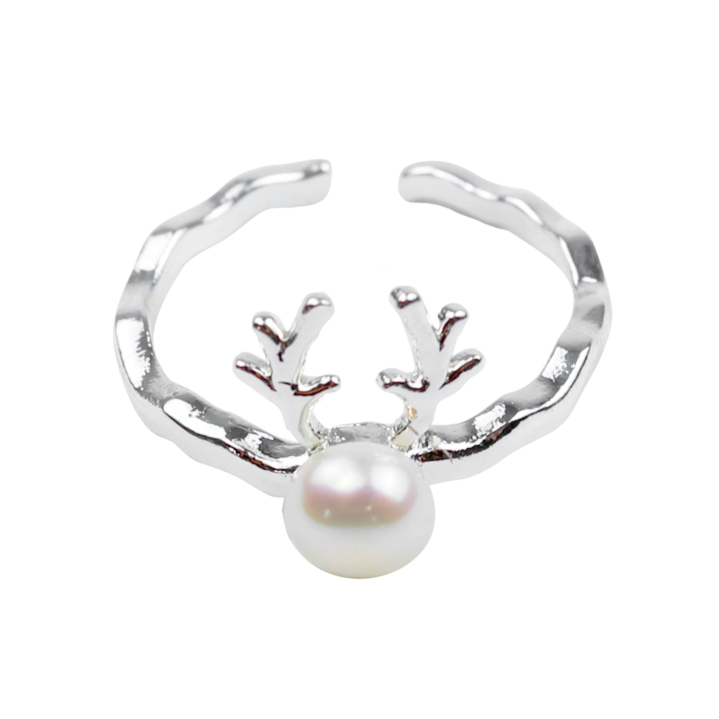 Schneemobil Rentier Perlenring – Verstellbarer Offener Ring, Silberbeschichtung & Weiße Süßwasserperle, Eleganter Damenring