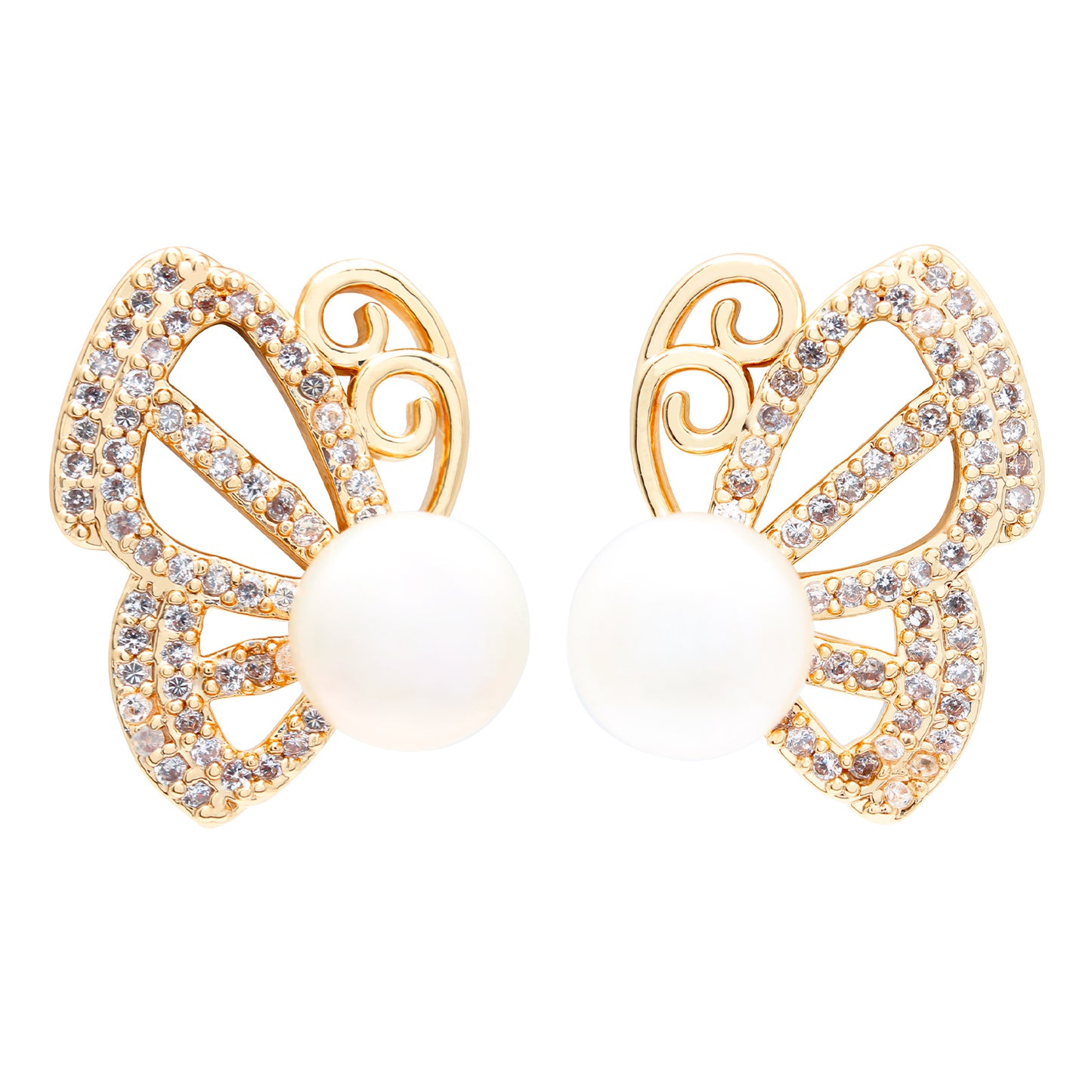 Sternenflügel Perlenohrringe – Schmetterlingsform mit Zirkonia & Süßwasserperle, 14K vergoldete Kupferlegierung, eleganter Schmuck im Sternenhimmel-Design für Frauen