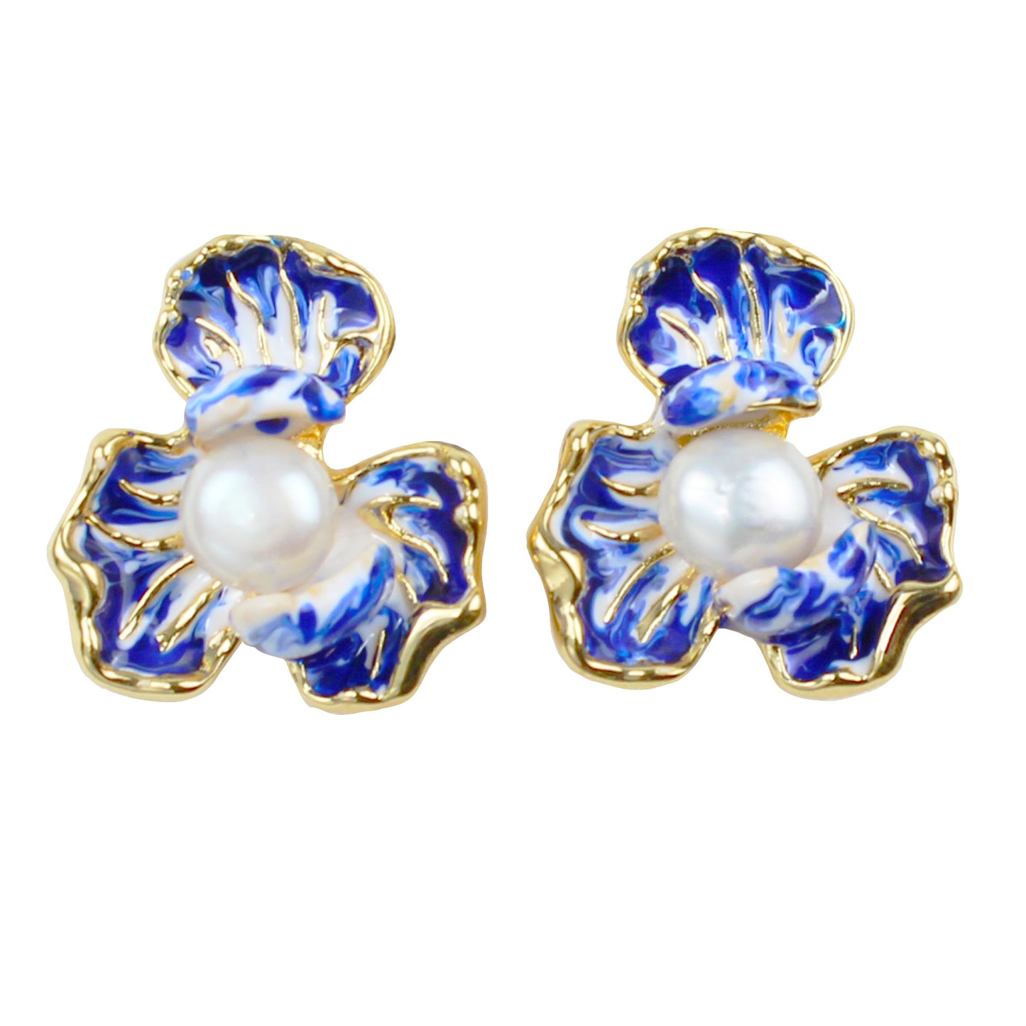 Elegante blaue Blütenblatt-Ohrringe mit Perle – 14K vergoldete Emaille Ohrstecker mit 925 Silberstift für Damen