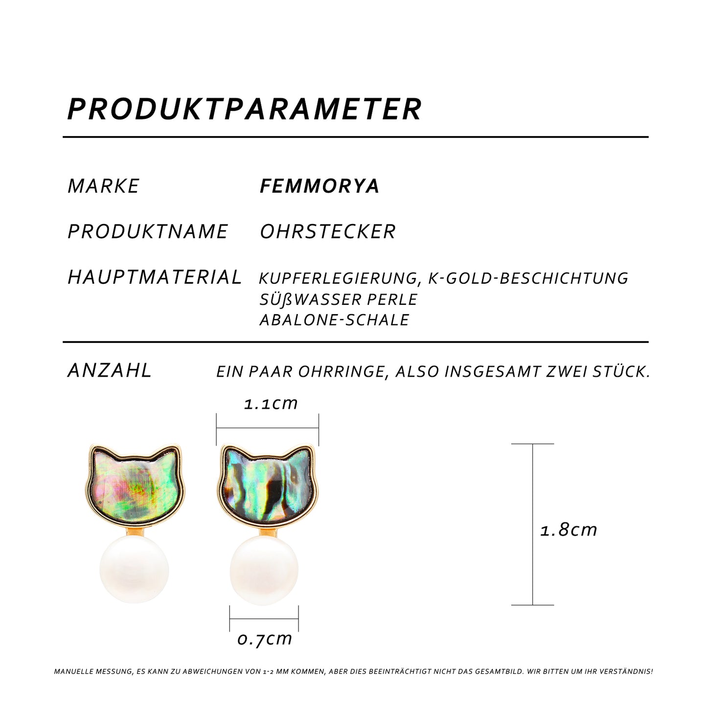 Fantasia Katze Perlen Ohrstecker – Abalone Katzenkopf mit Süßwasserperle, 14K vergoldet & 925 Silberstecker, süßes hypoallergenes Design für junge Frauen