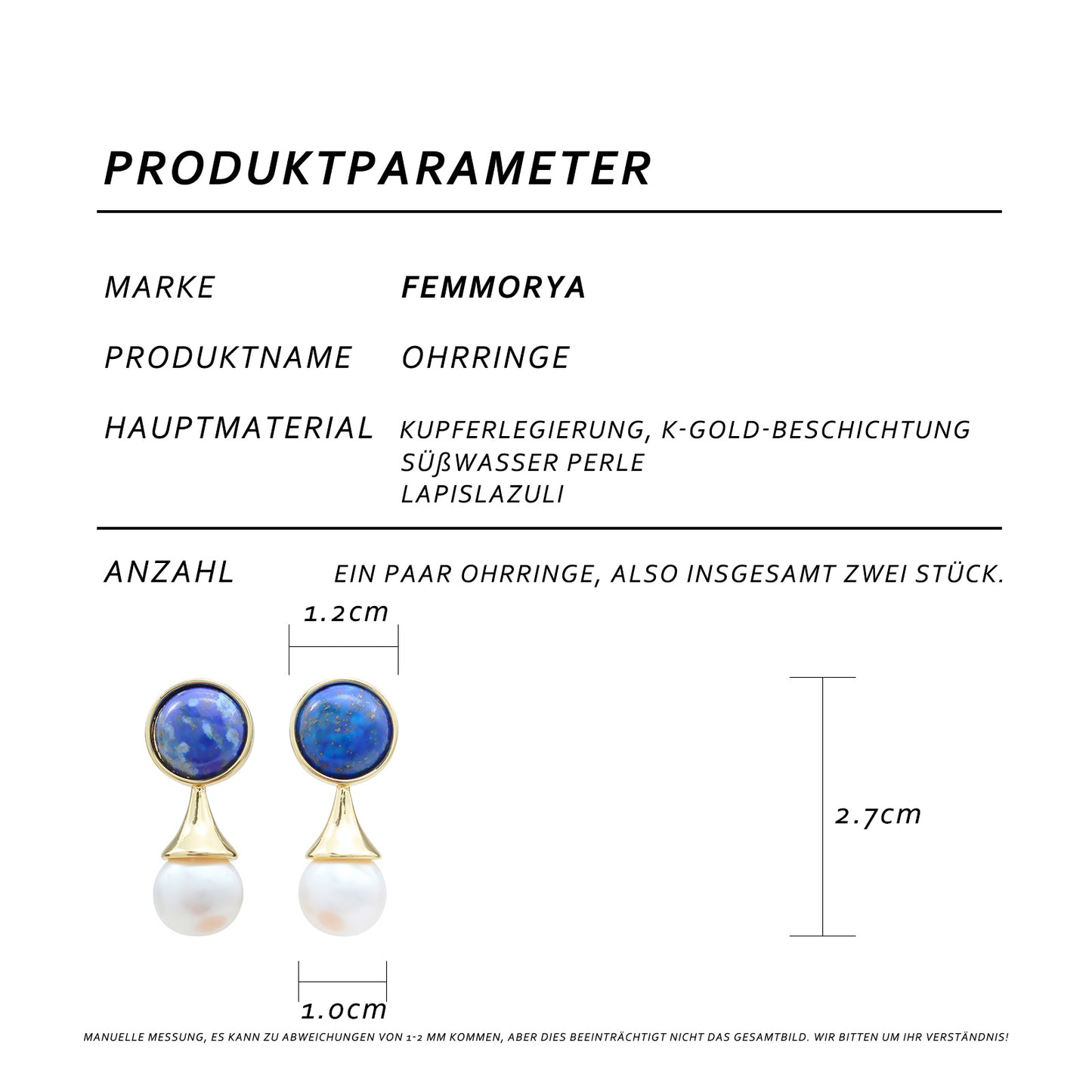 Elegante Lapislazuli-Perlen Ohrstecker – 14K vergoldet, 925 Silberstifte, französisches Tropfen-Design, hypoallergen & luxuriös