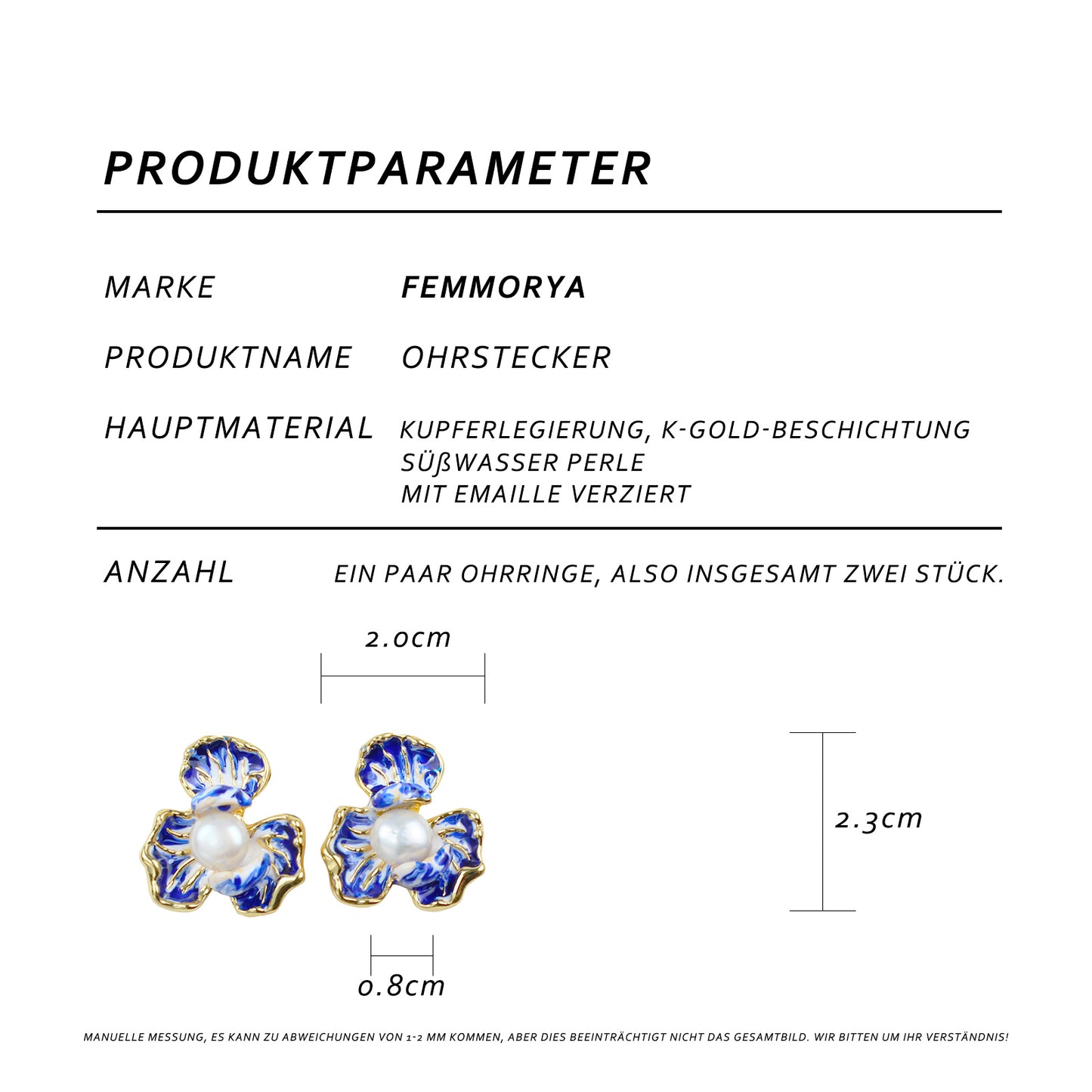Elegante blaue Blütenblatt-Ohrringe mit Perle – 14K vergoldete Emaille Ohrstecker mit 925 Silberstift für Damen