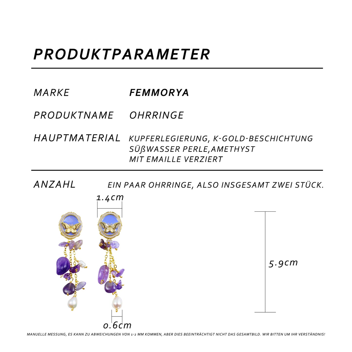 Amethyst Perlenohrringe im Schmetterlingsdesign – 14K Vergoldet, Feine Kristalle & Süßwasserperlen, Eleganter Schmuck für Bälle und Anlässe