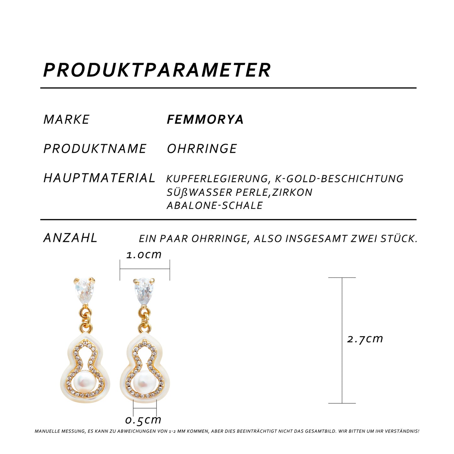Chinesische Mutterperlen Ohrstecker – Kürbisform Symbol für Glück & Freude, 14K vergoldet, 925 Silberstifte, Süßwasserperle