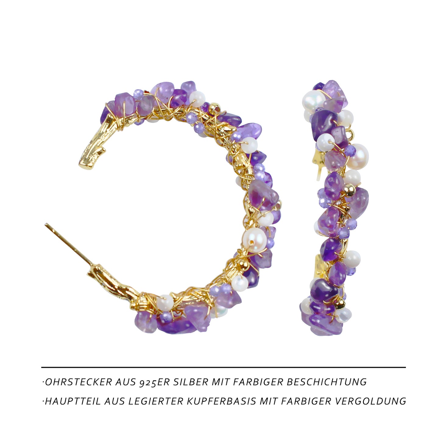 Große Creolen mit Amethyst & Perle – 14K vergoldete Ohrringe mit 925 Silberstift, Statement Schmuck für Damen