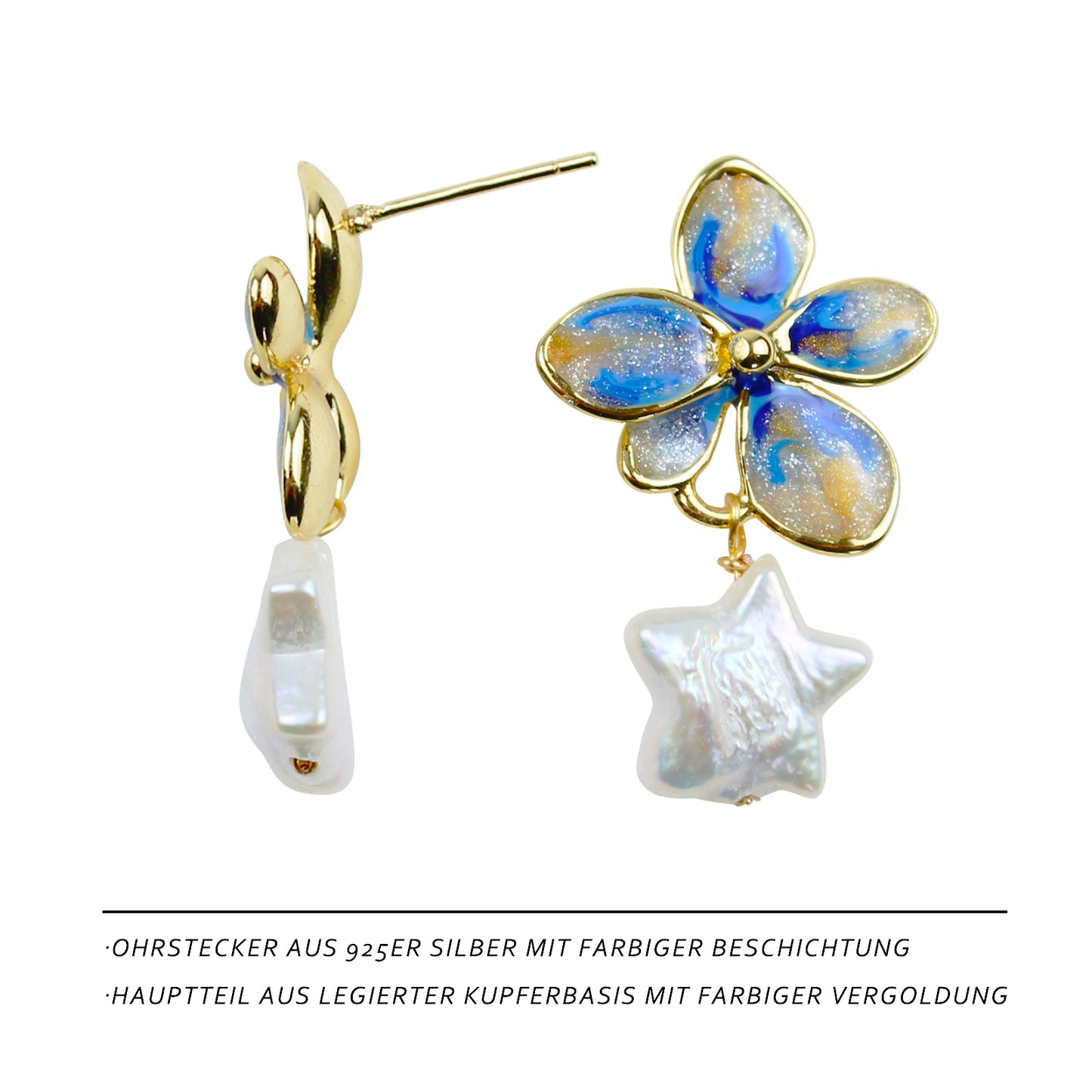 Blauer Blumenstern Perlen Ohrstecker – 14K vergoldet, Emaille & Süßwasserperle mit 925 Silberstift, eleganter hypoallergener Ohrschmuck für Damen
