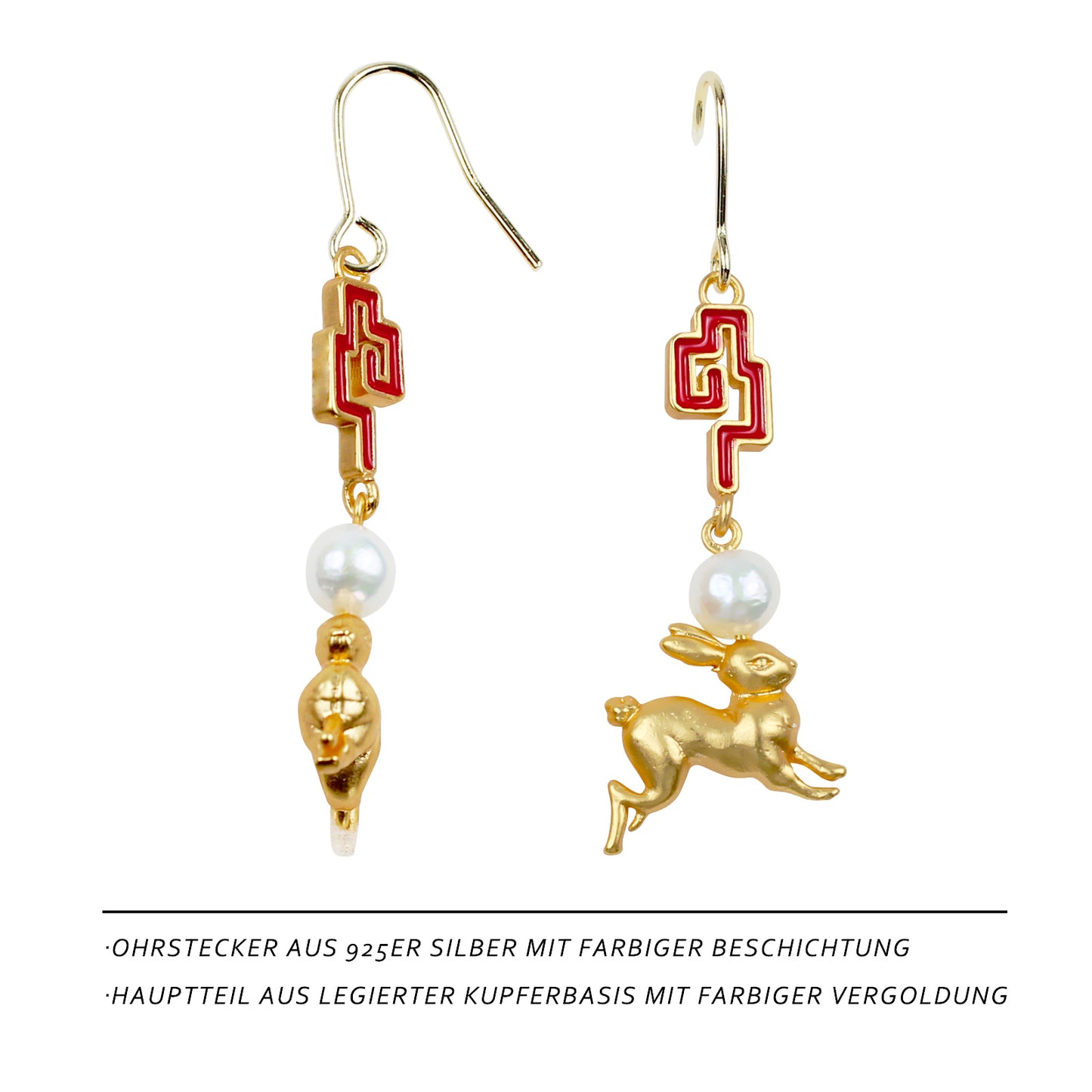 Chinesische Wolkenmuster & Sprunghase Ohrringe – 14K Vergoldet, 925 Silberstift, Perlen, Glück & Vitalität Schmuck für Damen