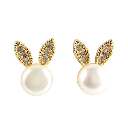 14K Gold-Plated Bunny Pearl Earrings with Zirconia – 925 Silver Studs, Hypoallergenic, Gift-Ready